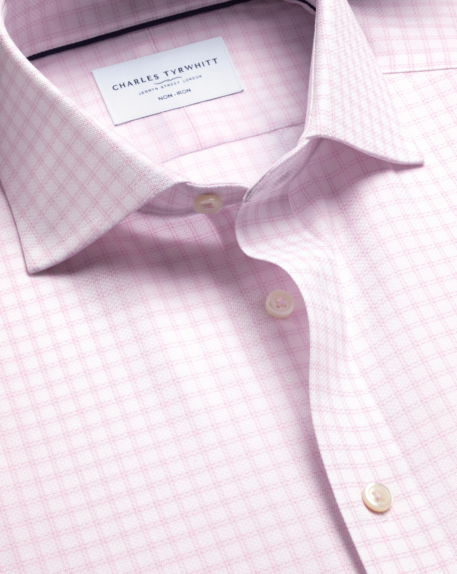 Men's Non-Iron Stretch Trafalgar Weave Check Cotton Shirt - Pink Single Cuff by Charles Tyrwhitt