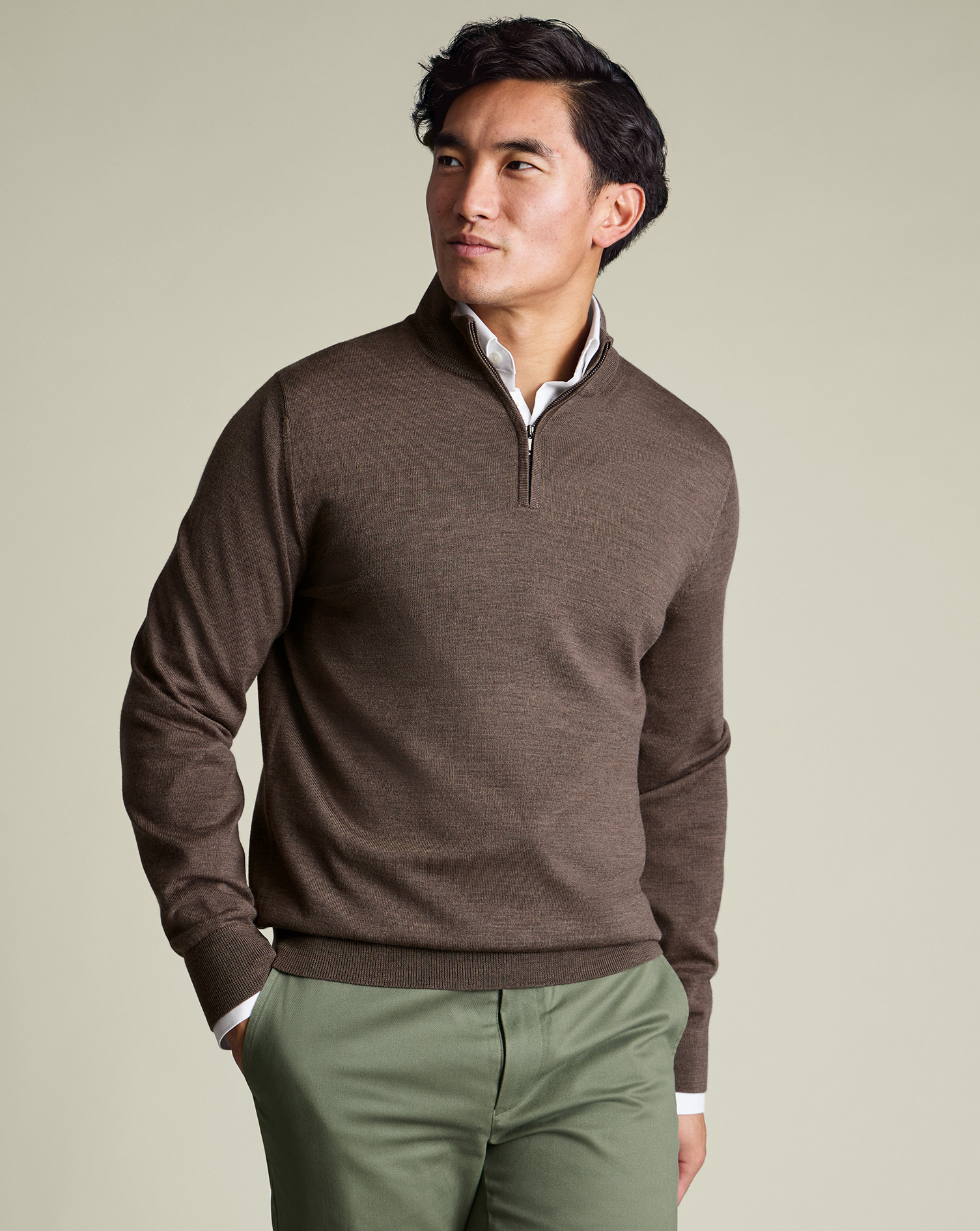 Pure Merino Quarter Zip Sweater – Mocha | Charles Tyrwhitt US
