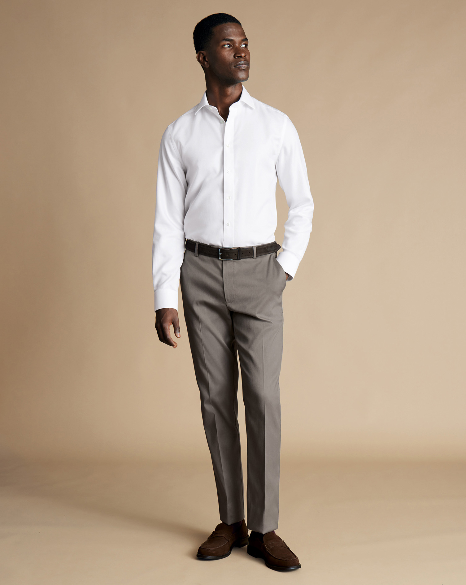 Men's Charles Tyrwhitt Smart Stretch Texture Trousers - Mocha Brown Size W30 L32 Cotton
