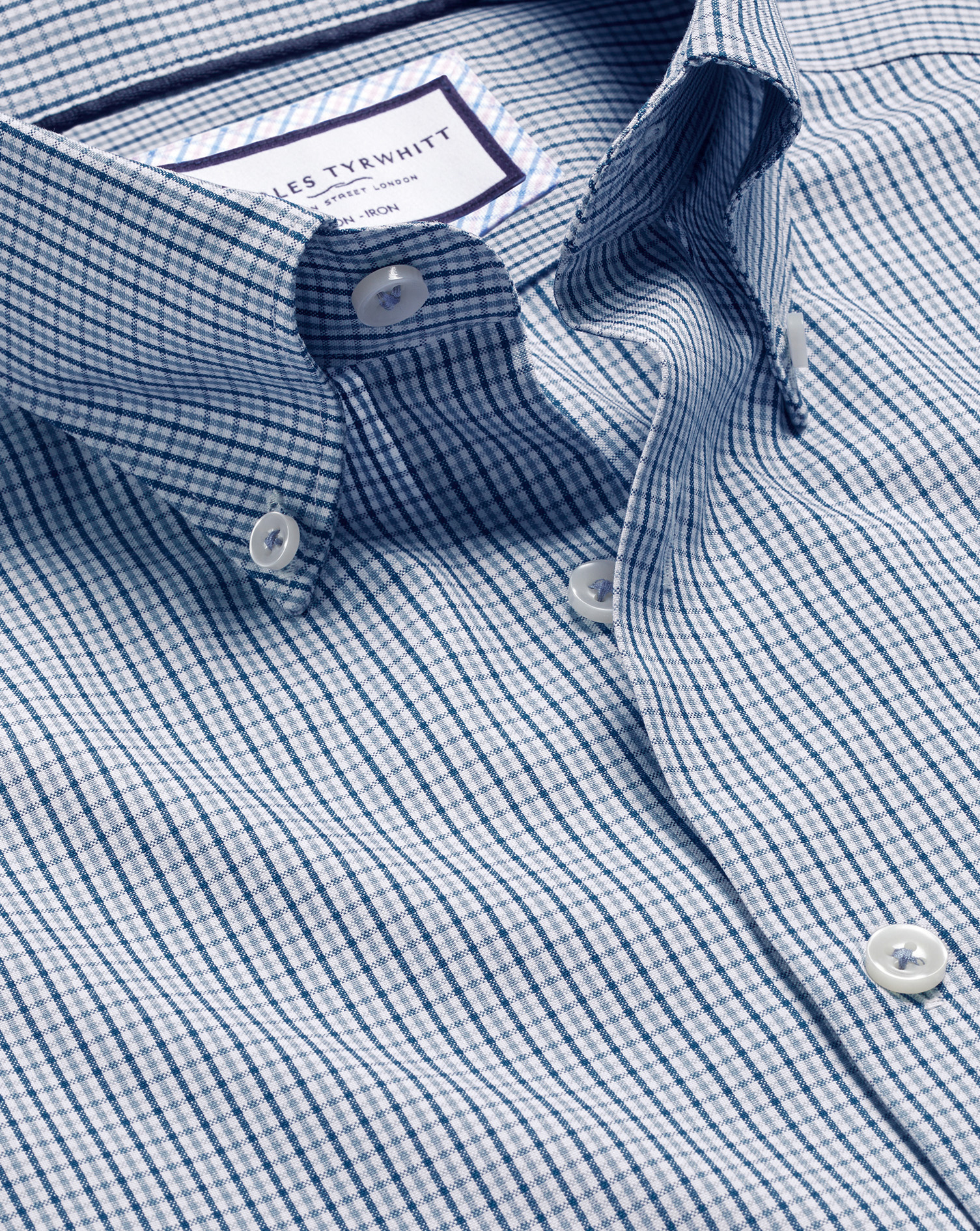 Men's Charles Tyrwhitt Button-Down Collar Non-Iron Gingham Check Dress Shirt - Royal Blue Single Cuf