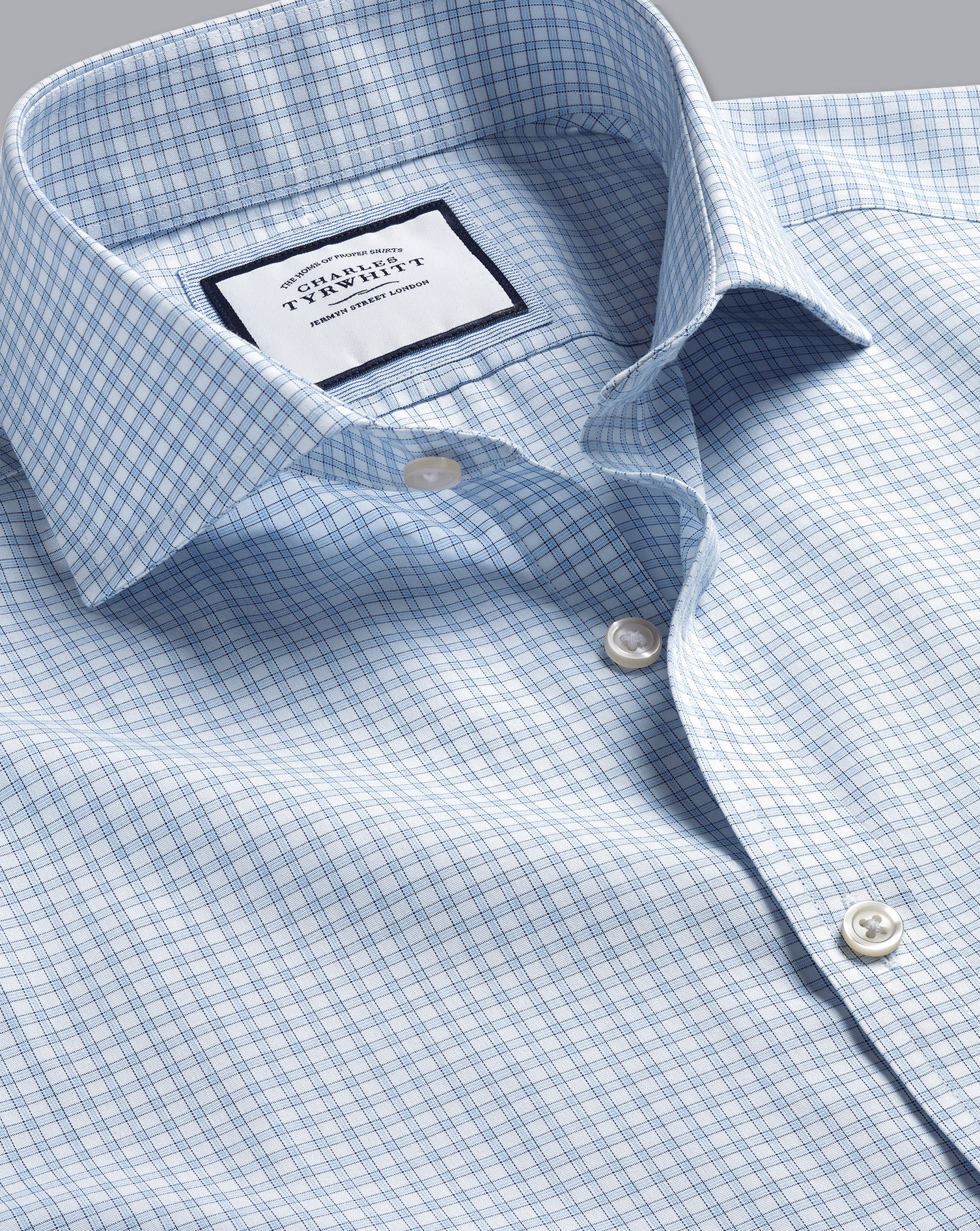 Men's Charles Tyrwhitt Cutaway Collar Non-Iron Poplin Fine Check Dress Shirt - Sky Blue Single Cuff 