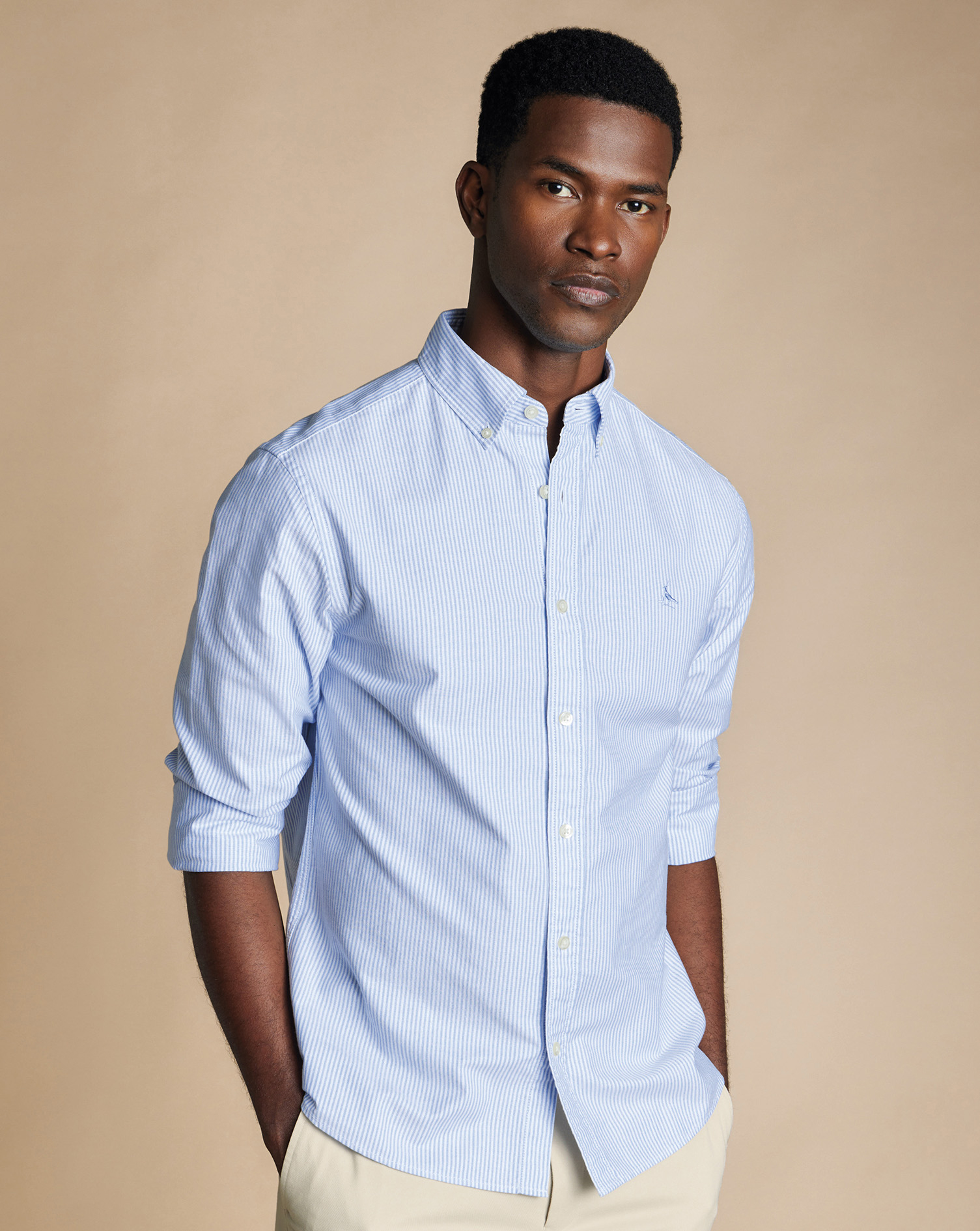 Men's Charles Tyrwhitt Button-Down Collar Stretch Washed Oxford Stripe Casual Shirt - Ocean Blue Sin