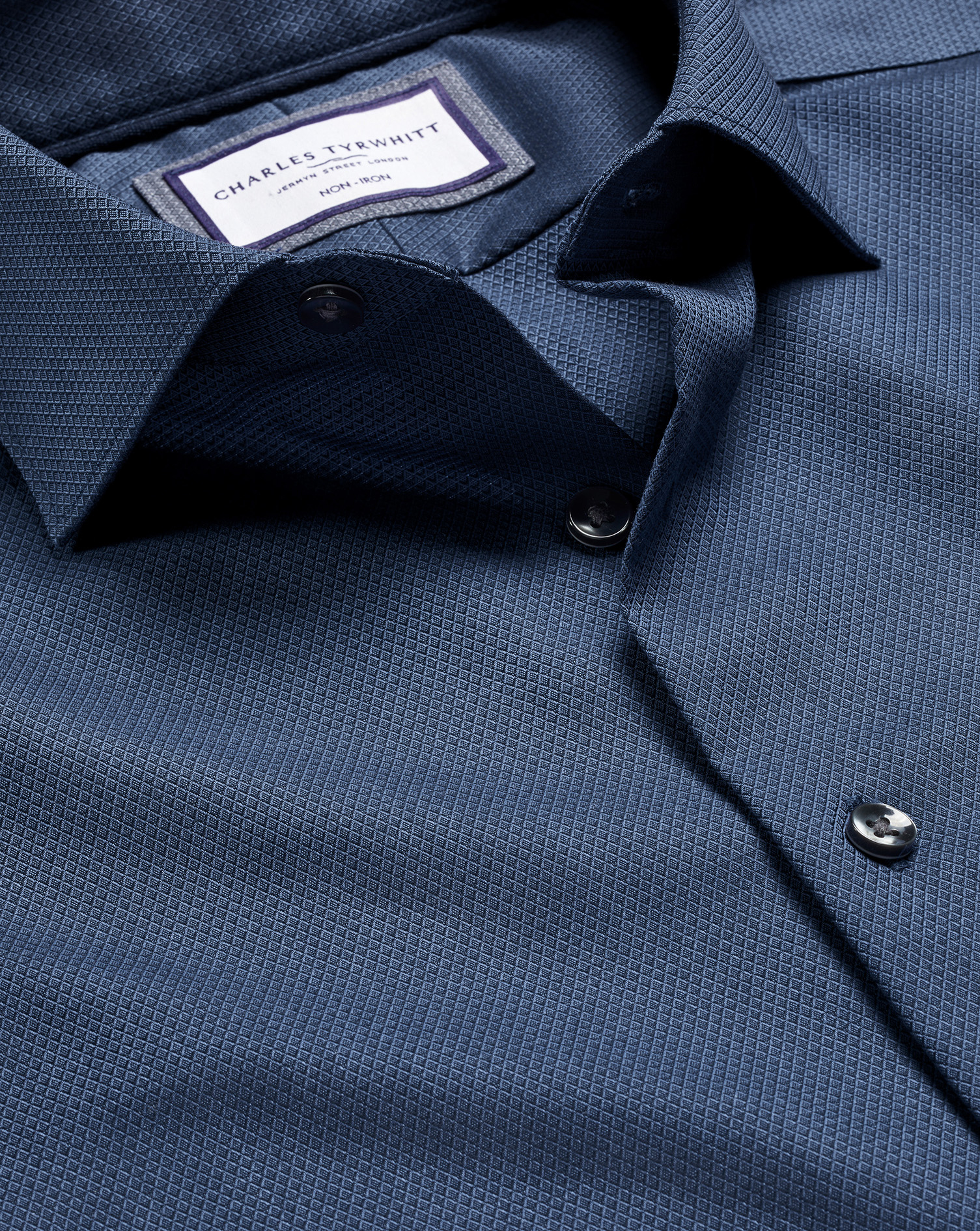 Men's Charles Tyrwhitt Non-Iron Diamond Stretch Texture Dress Shirt - Denim Blue Single Cuff Size 17