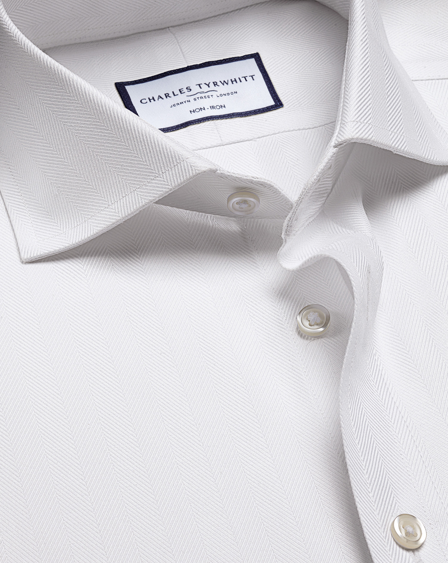 Charles Tyrwhitt Cutaway Collar Non-iron Herringbone Cotton Dress Shirt In White