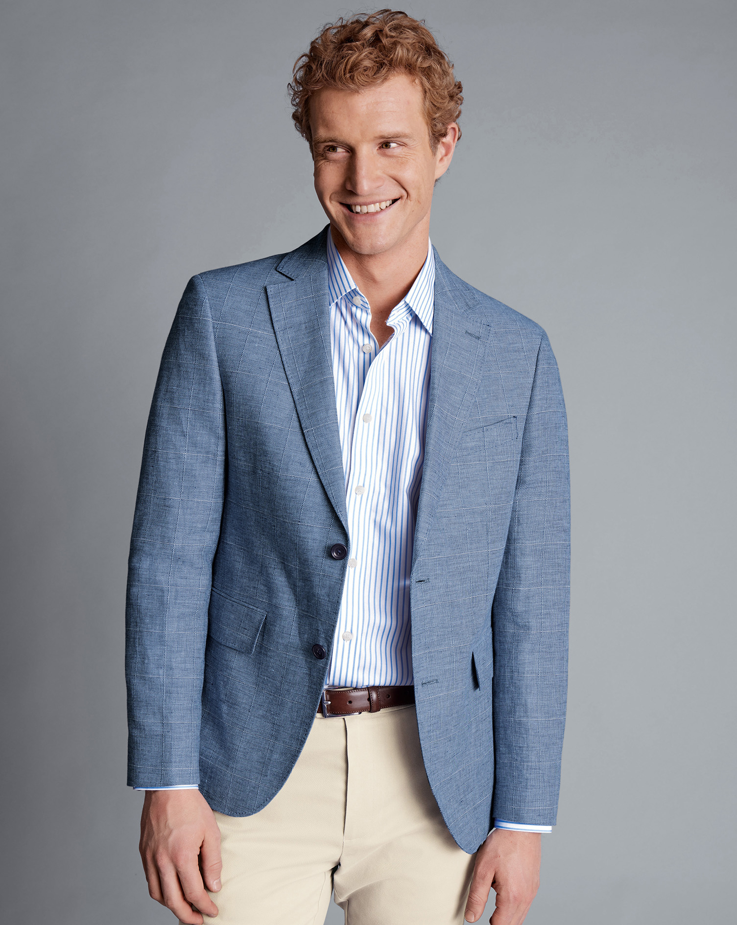 Linen Cotton Check Jacket - Cobalt Blue | Charles Tyrwhitt