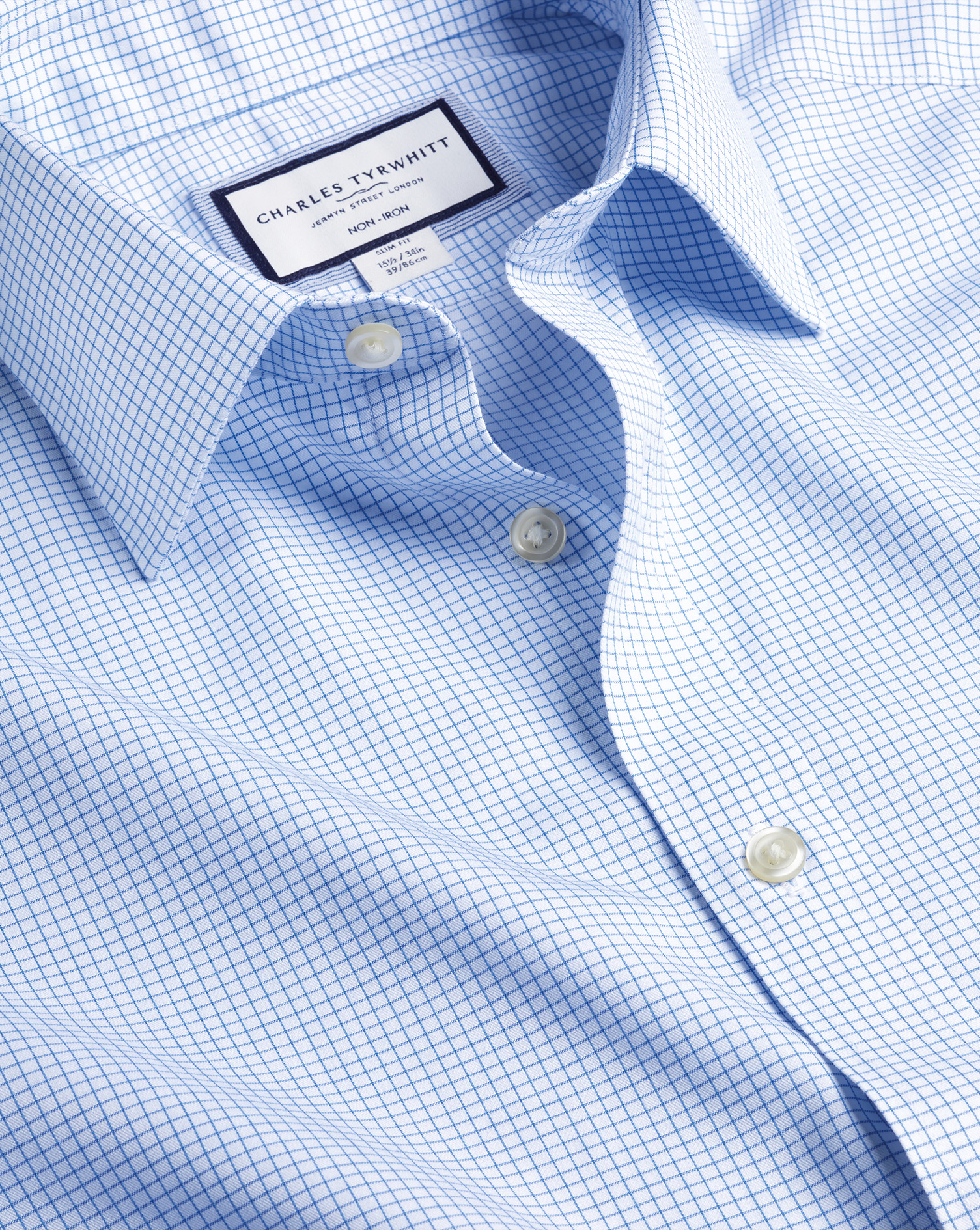 Men's Charles Tyrwhitt Non-Iron Twill Mini Grid Check Dress Shirt - Cornflower Blue Single Cuff Size