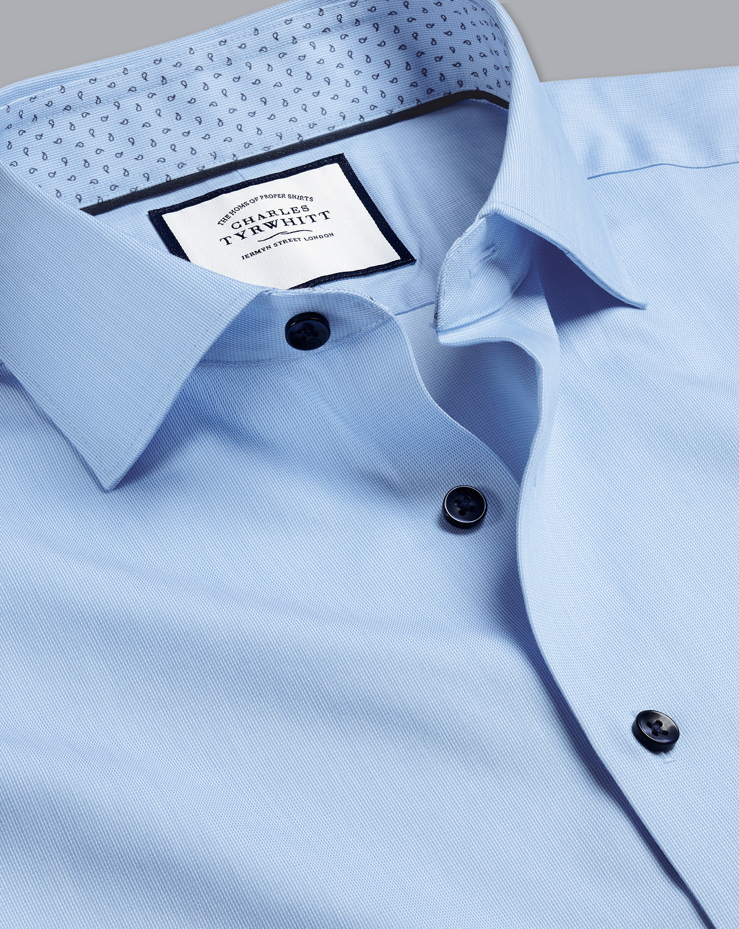 Men's Charles Tyrwhitt Semi-Cutaway Collar Twill Printed Trim Dress Shirt - Sky Blue Single Cuff Siz