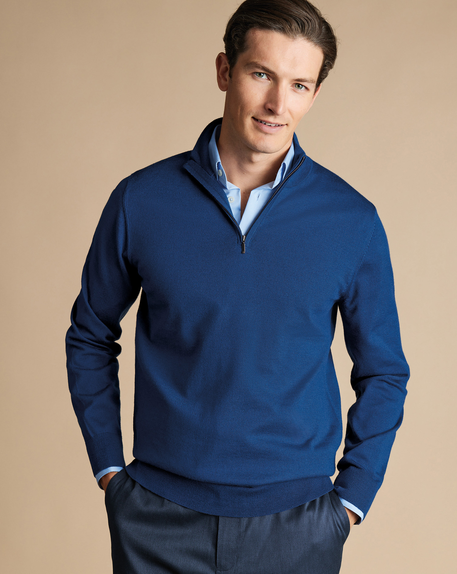 Men's Charles Tyrwhitt Merino Zip Neck Sweater - Ocean Blue Size Small Wool
