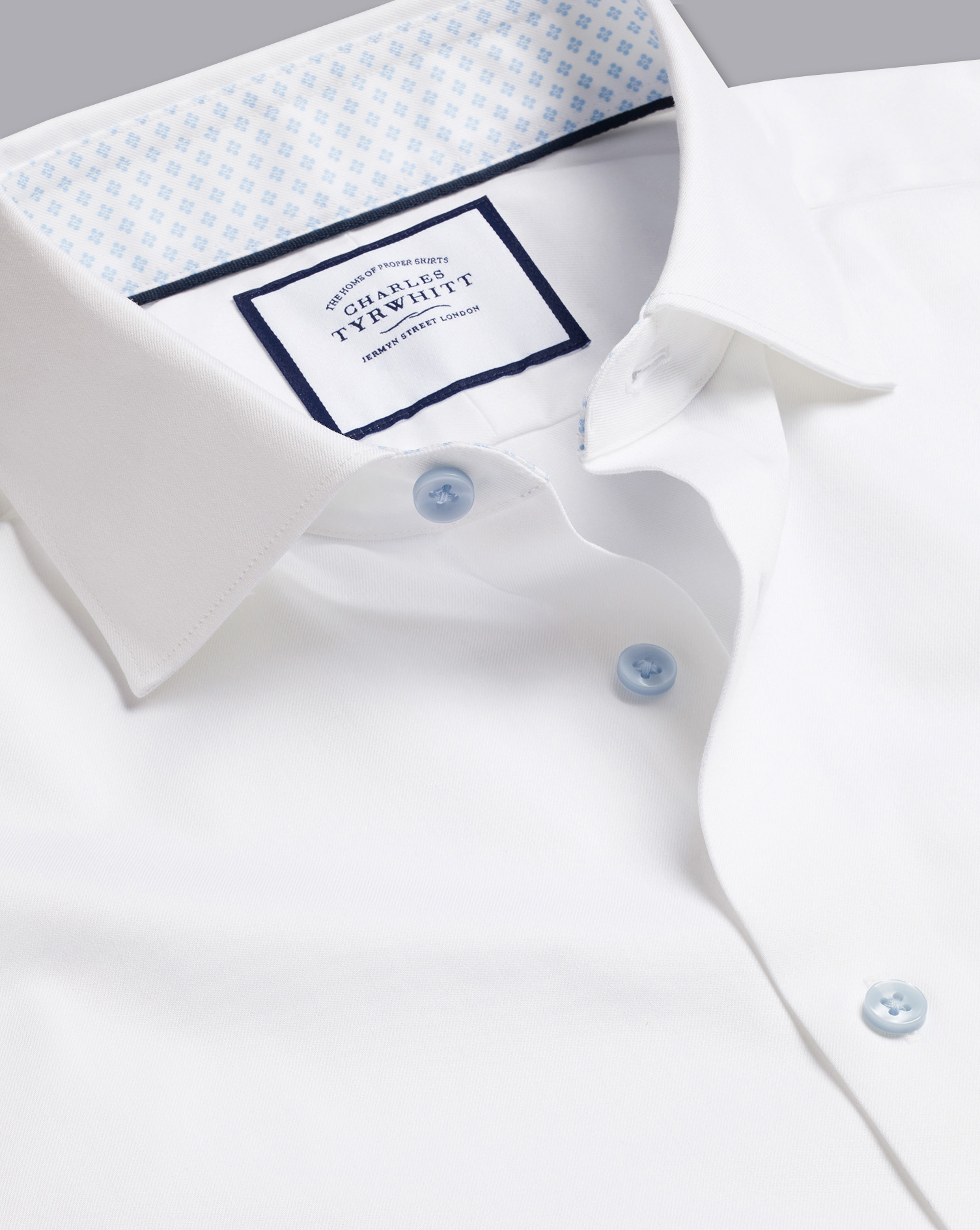 Men's Charles Tyrwhitt Semi-Cutaway Collar Twill Dress Shirt With Printed Trim - White Single Cuff S