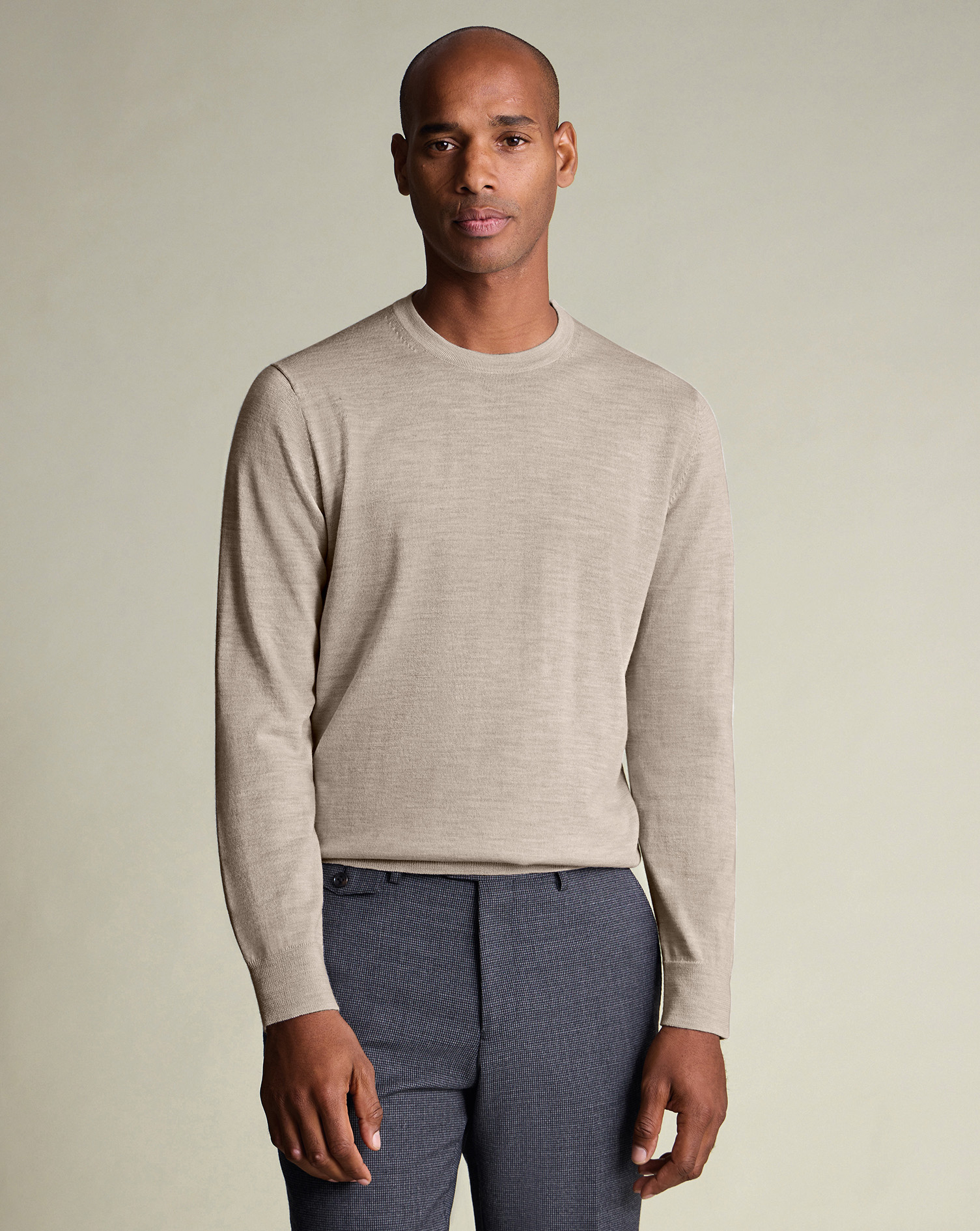 Men's Pure Merino Crew Neck Wool Jumper - LimeStone Beige, XXL by Charles Tyrwhitt