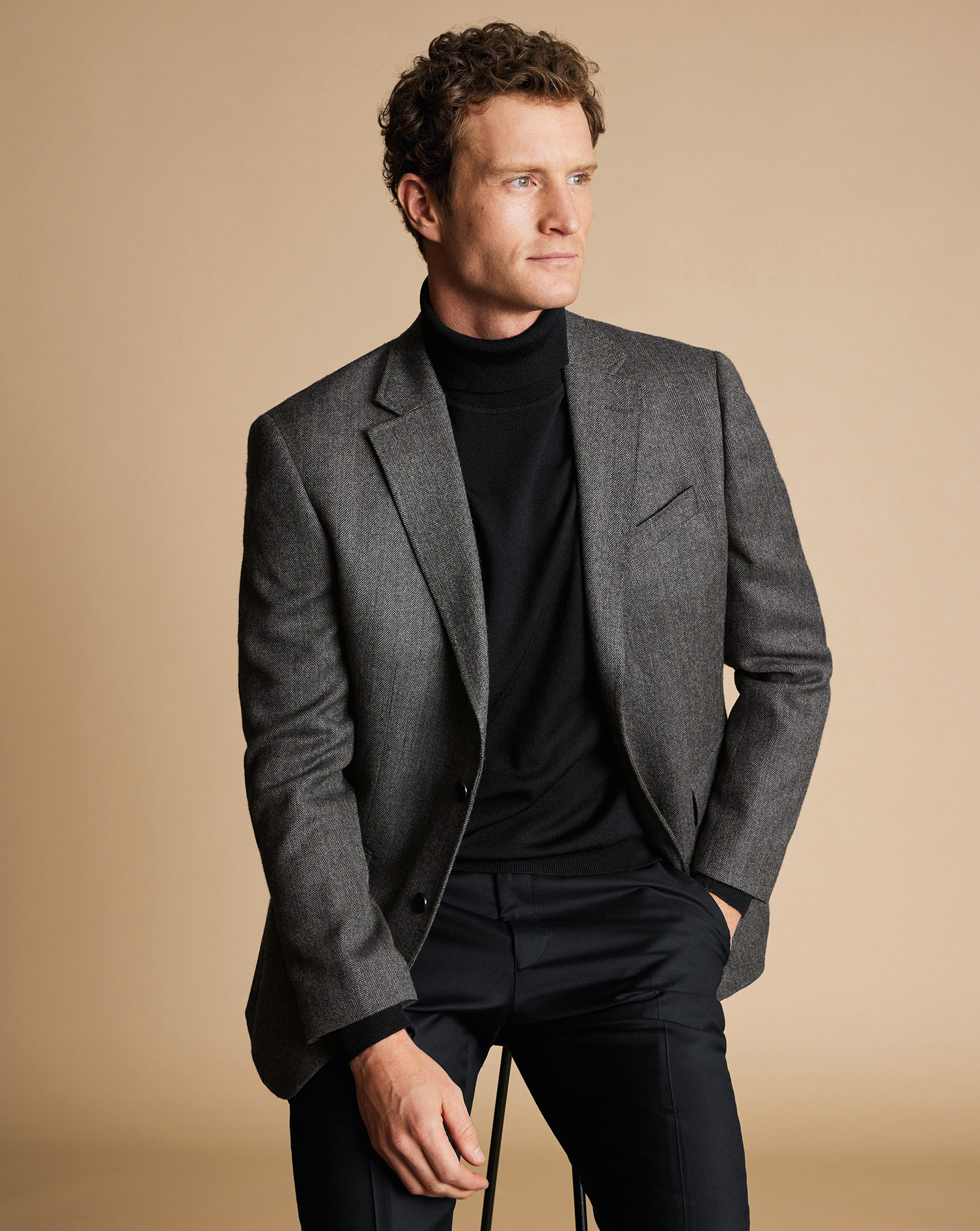 Men's Charles Tyrwhitt Herringbone Texture na Jacket - Dark Grey Size 38R Wool
