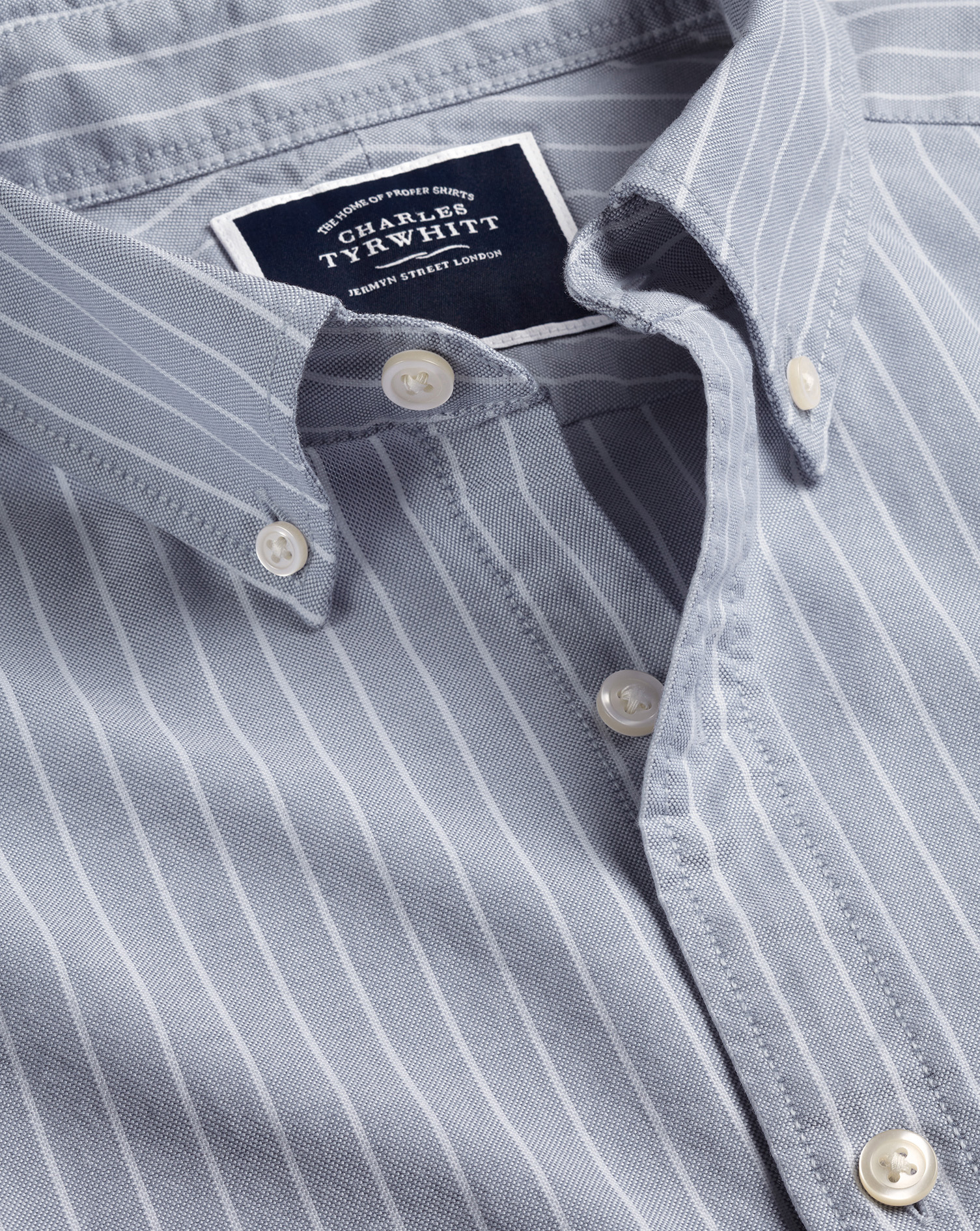 Men's Charles Tyrwhitt Button-Down Collar Washed Oxford Butchers Stripe Casual Shirt - Steel Blue Si