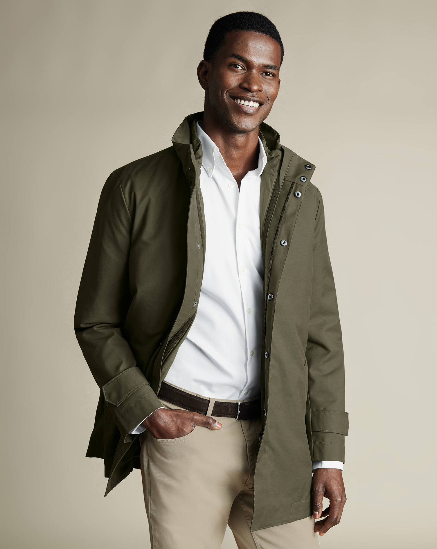 Men's 3 In 1 Rain Mac With Detachable Gilet - Olive Green Cotton Jacket, XL R by Charles Tyrwhitt