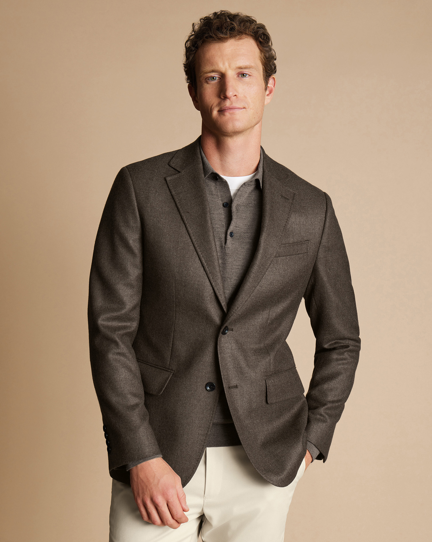 Men's Charles Tyrwhitt Twill na Jacket - Mocha Brown Size 44R Wool
