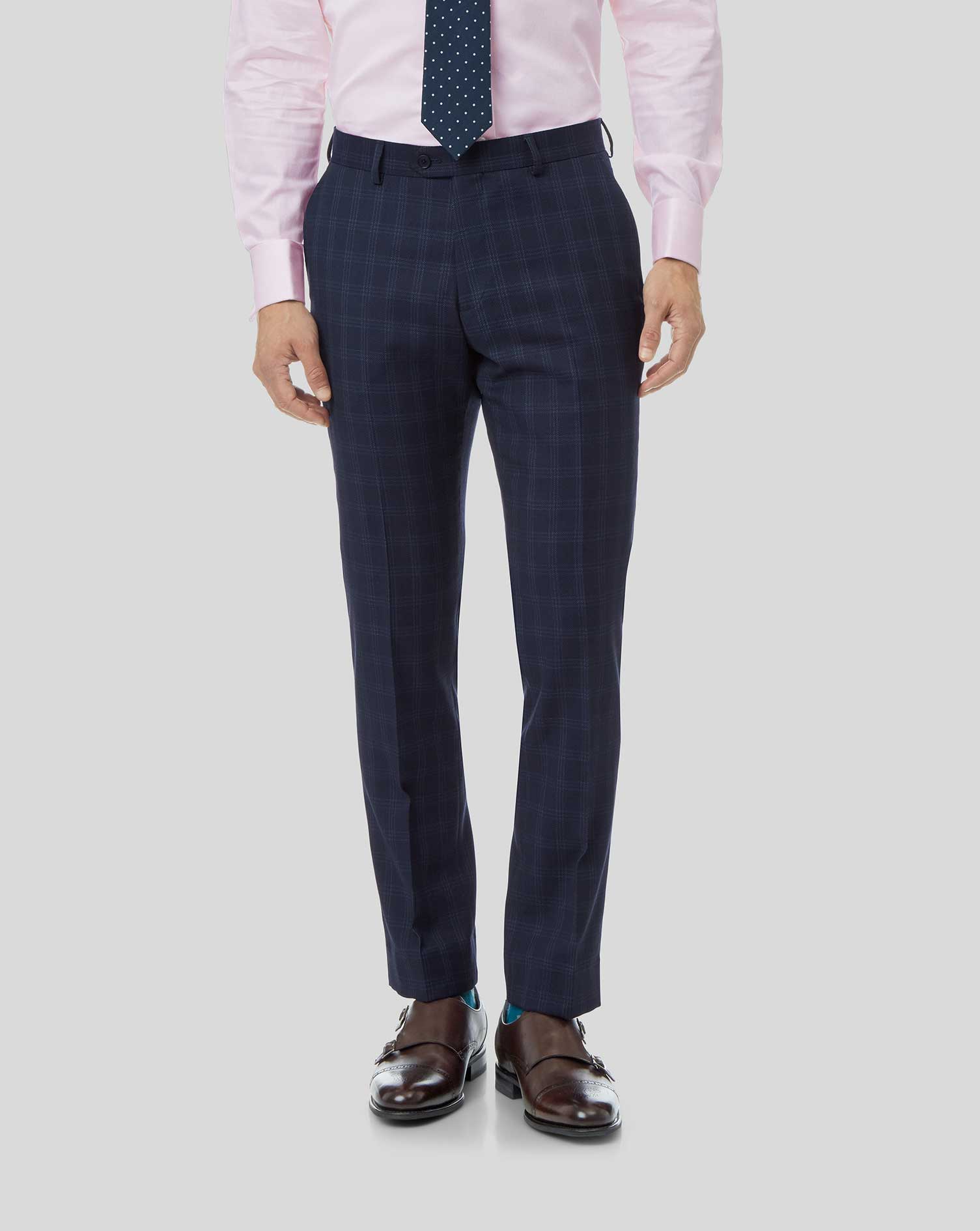 Men's Charles Tyrwhitt Check Birdseye Travel Suit Trousers - Navy Blue Size 36/38 Wool
