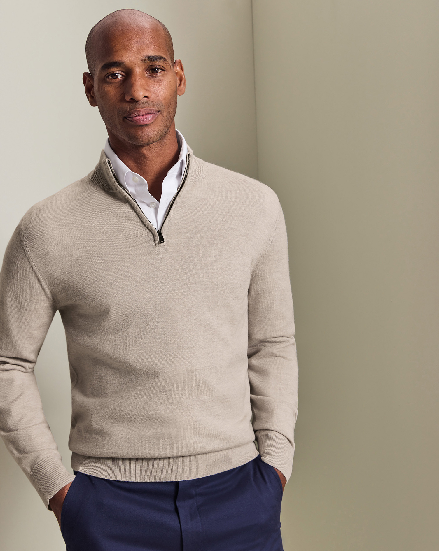 Pure Merino Quarter Zip Sweater - Limestone | Charles Tyrwhitt US