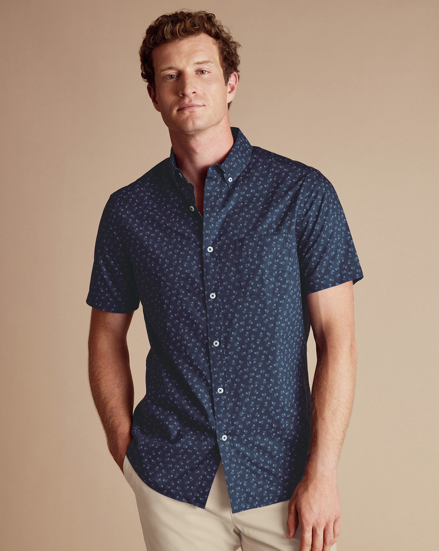 Men's Charles Tyrwhitt Button-Down Collar Non-Iron Stretch Ditsy Floral Print Casual Shirt - Navy Bl