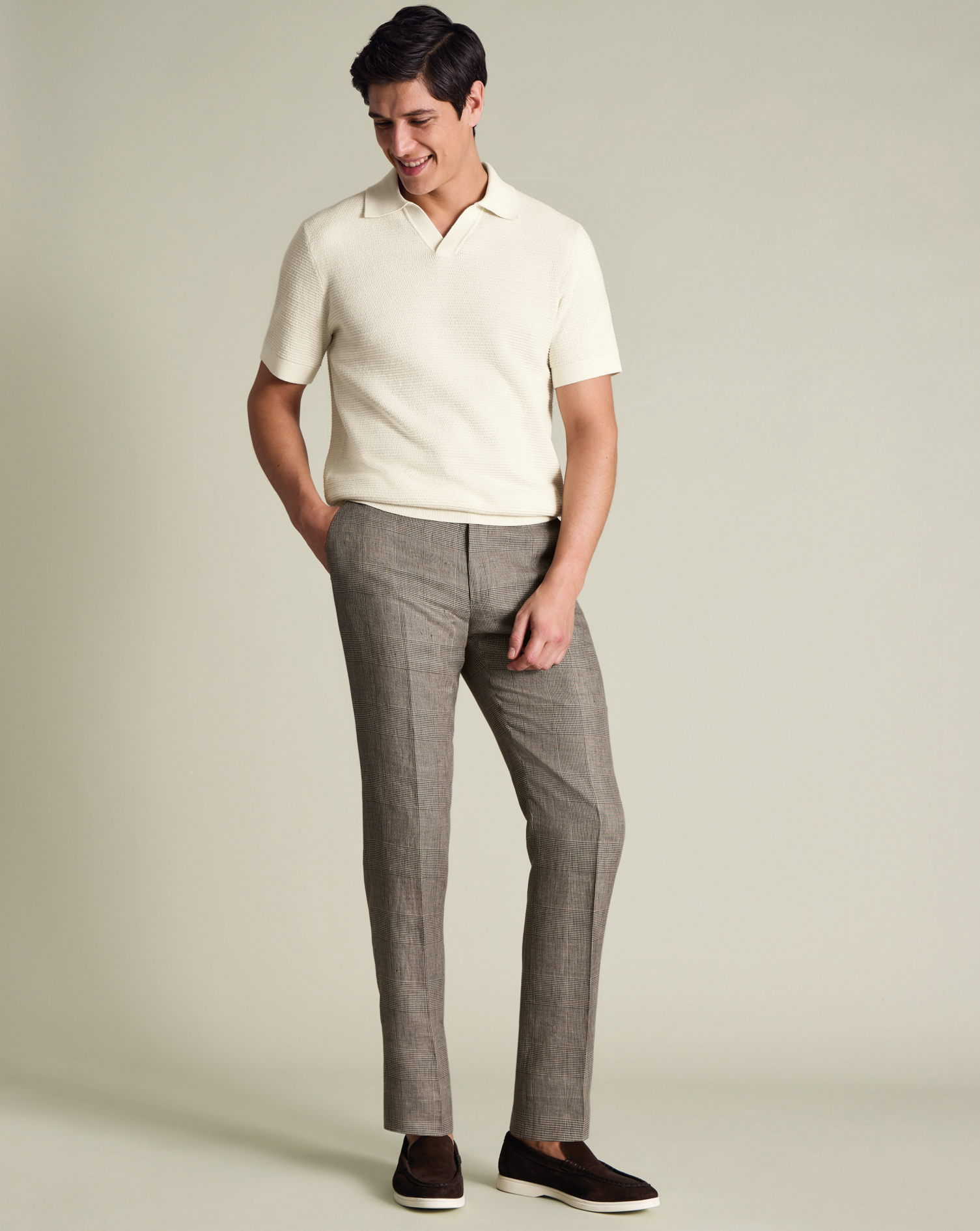 Men's Pure Linen Check Trousers â Mocha Brown, 40/32 by Charles Tyrwhitt