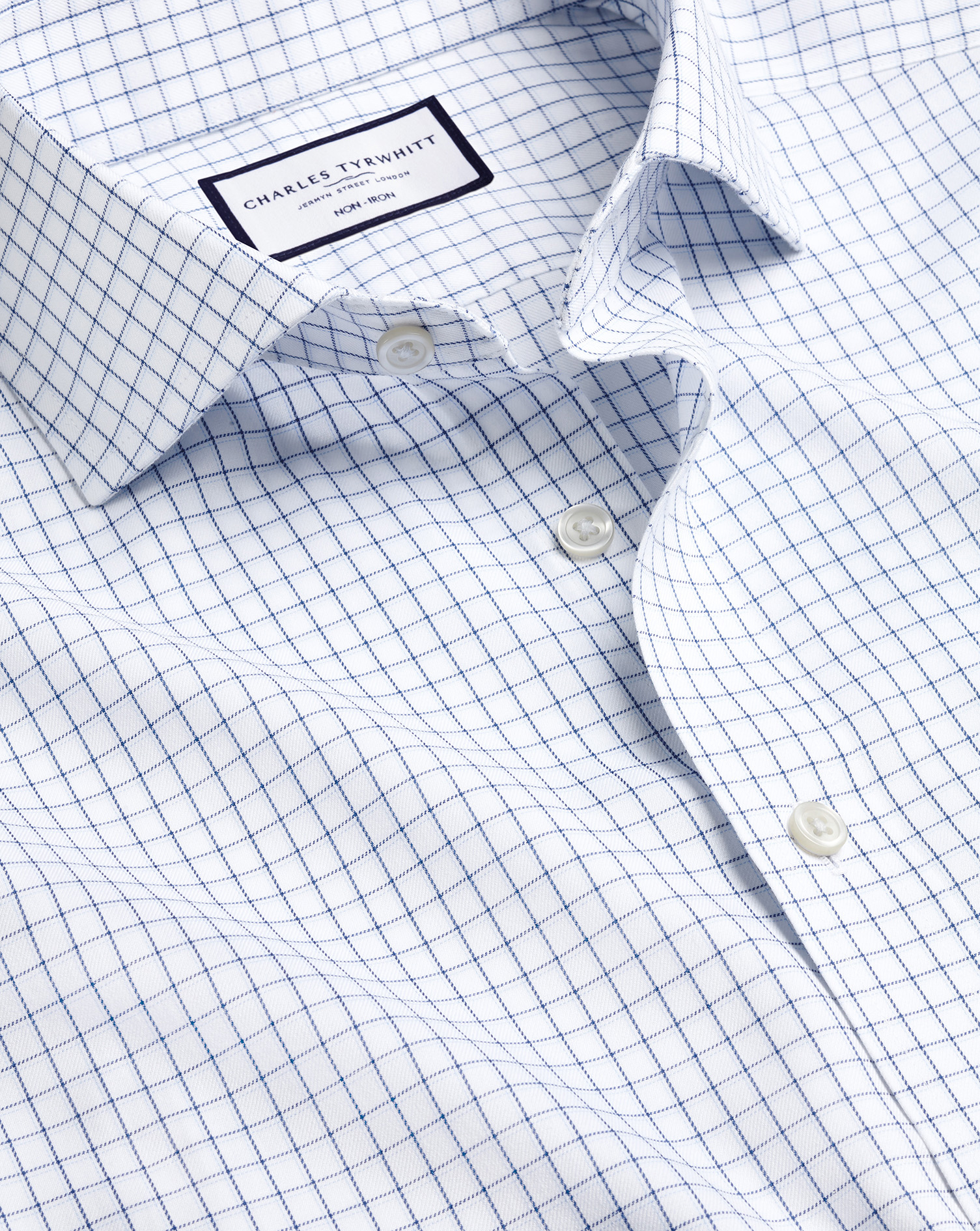 Men's Charles Tyrwhitt Cutaway Collar Non-Iron Twill Twin Check Dress Shirt- Royal Blue Single Cuff 