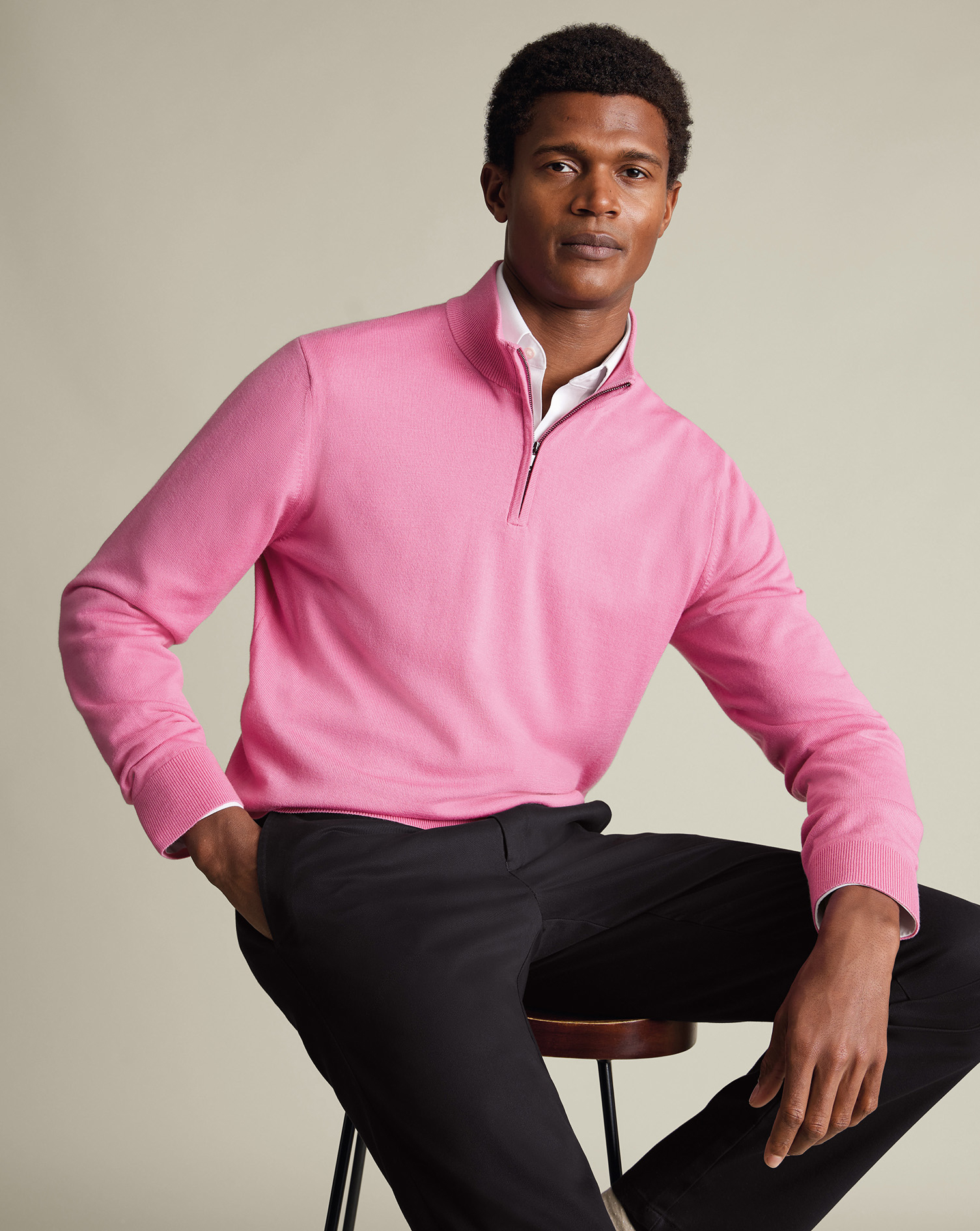 Men's Pure Merino Zip-Neck Jumper â Pink, Small by Charles Tyrwhitt