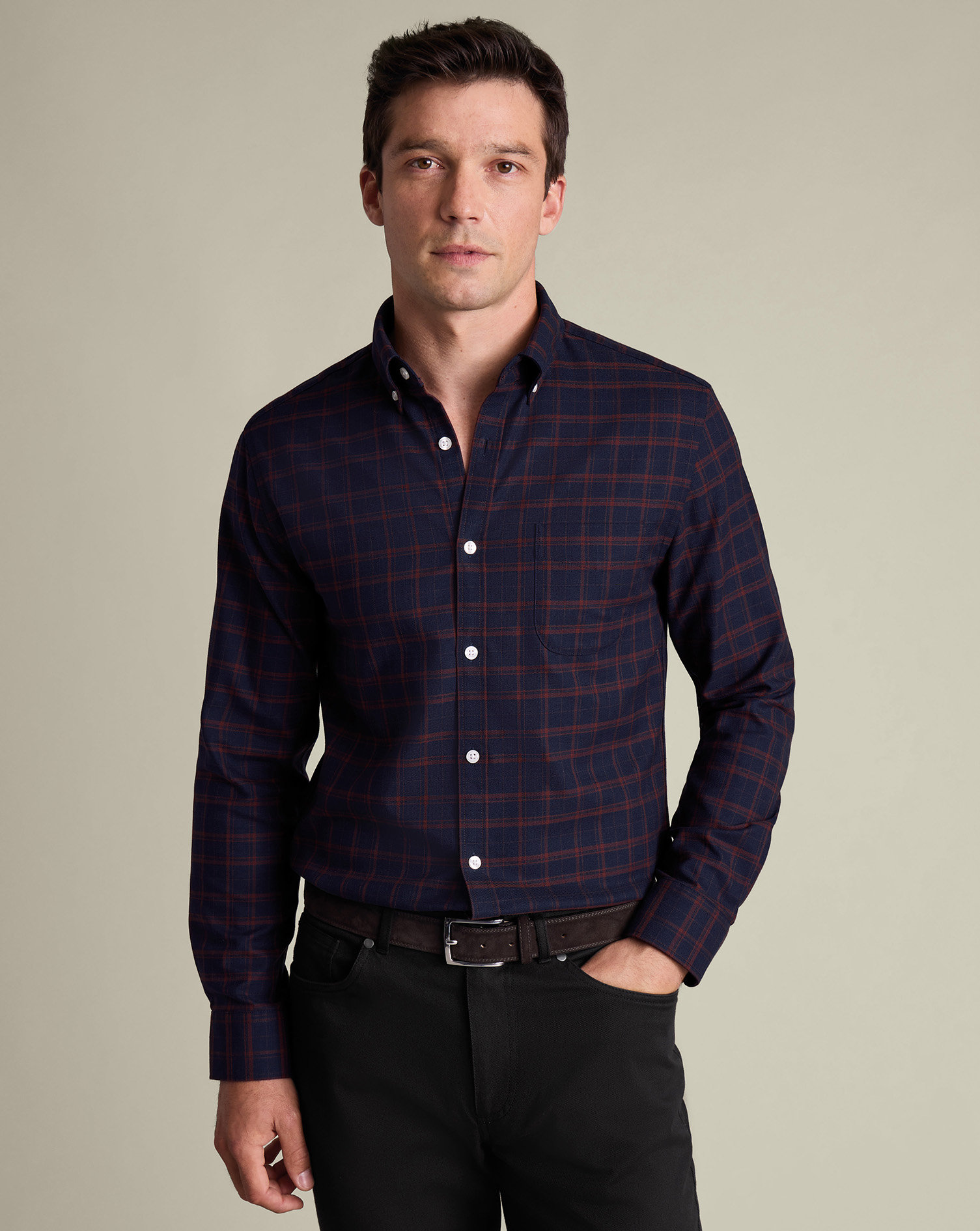 Chemise Carreaux En Serg Sans Repassage - Bleu Marine Et Rouille en Marine et Rouge pour homme par Charles Tyrwhitt 30€