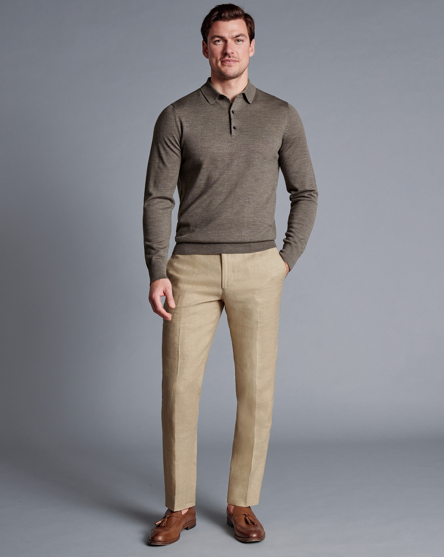 Men's Charles Tyrwhitt Trousers - Stone Neutral Size W40 L34 Linen
