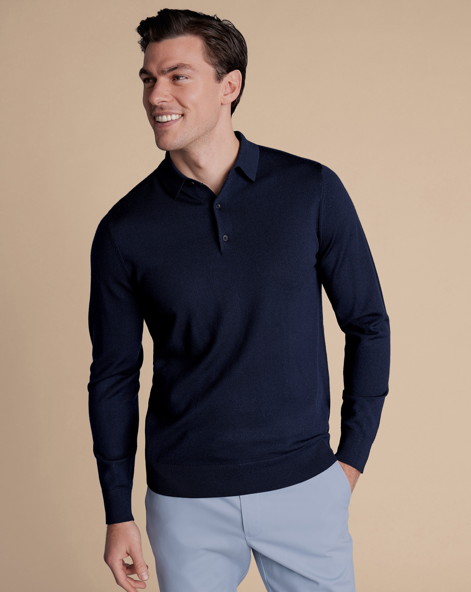 Men's Charles Tyrwhitt Polo Shirt Sweater - Navy Blue Size Large Merino
