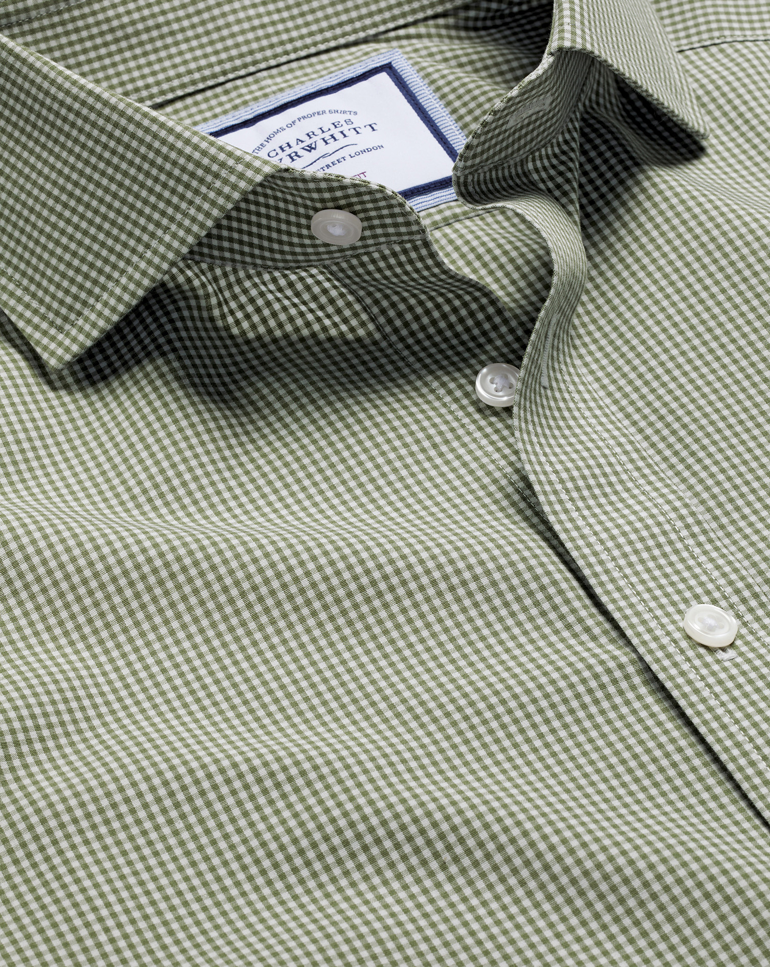 Men's Charles Tyrwhitt Cutaway Collar Non-Iron Mini Gingham Check Dress Shirt - Olive Green Single C