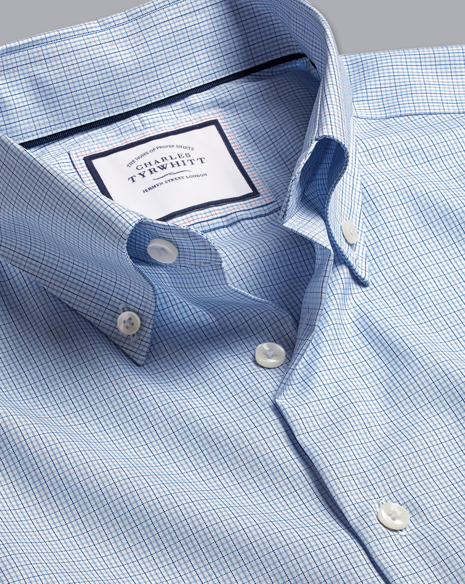 Men's Charles Tyrwhitt Button-Down Collar Non-Iron Check Dress Shirt - Sky Blue Single Cuff Size Med