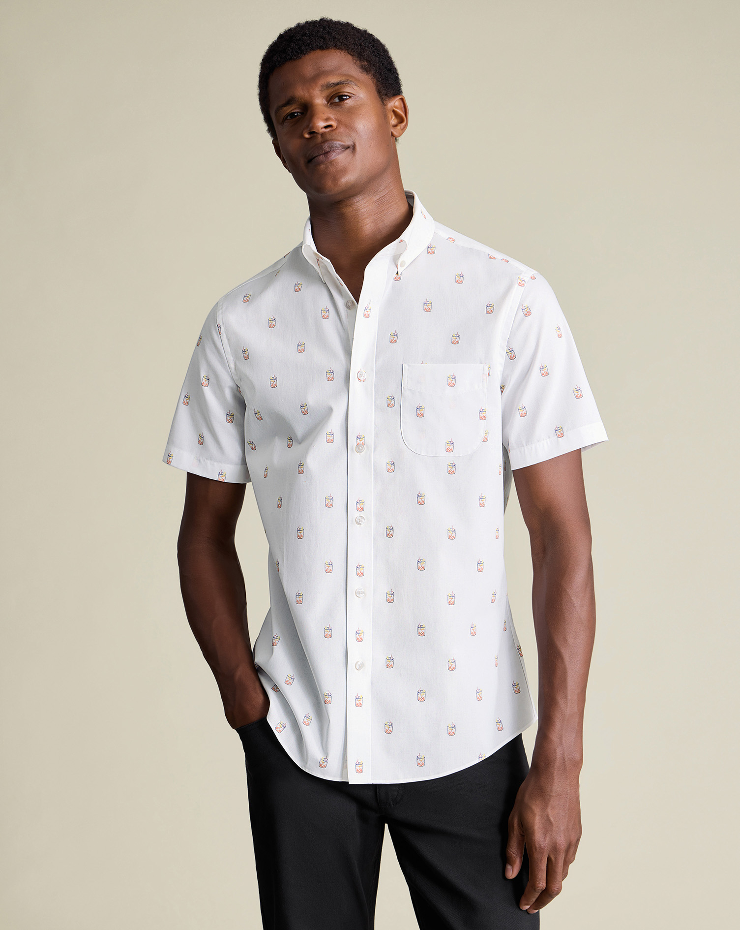 Short Sleeve Non-Iron Stretch Poplin Cocktail Print Shirt - White