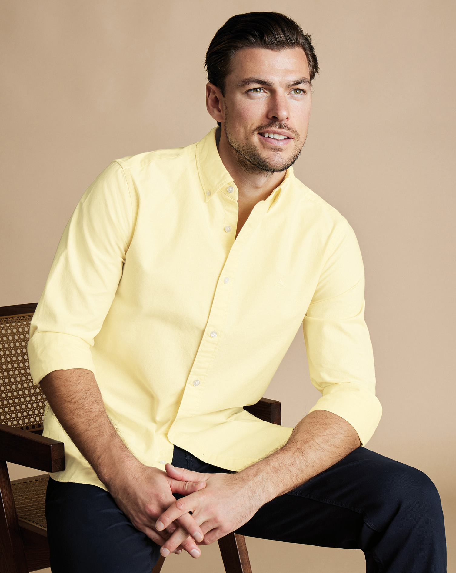 Men's Charles Tyrwhitt Button-Down Collar Stretch Washed Oxford Casual Shirt - Lemon Yellow Size Lar