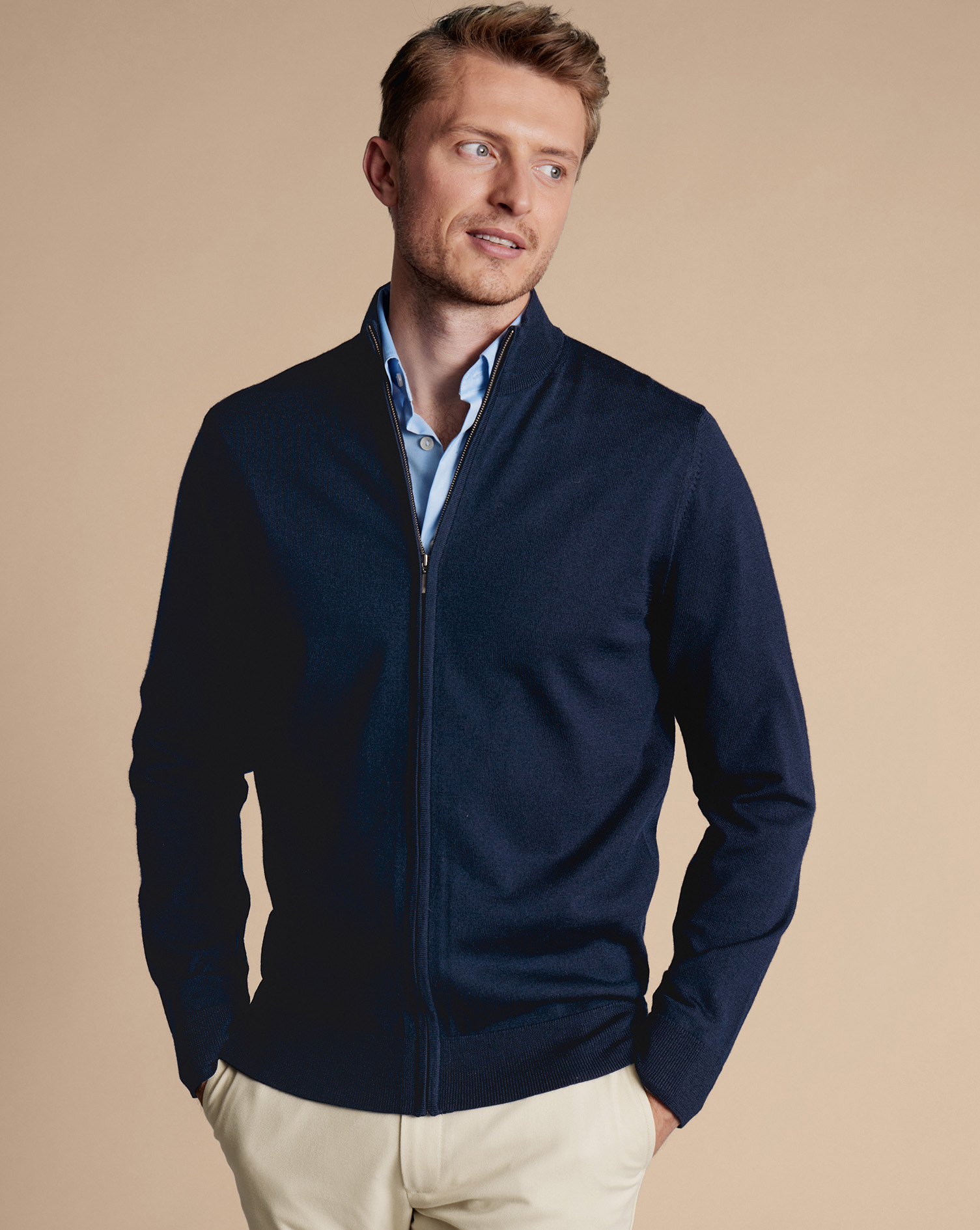 Men's Charles Tyrwhitt Pure Merino Full Zip-Through Cardigan - Navy Blue Size Large Wool
