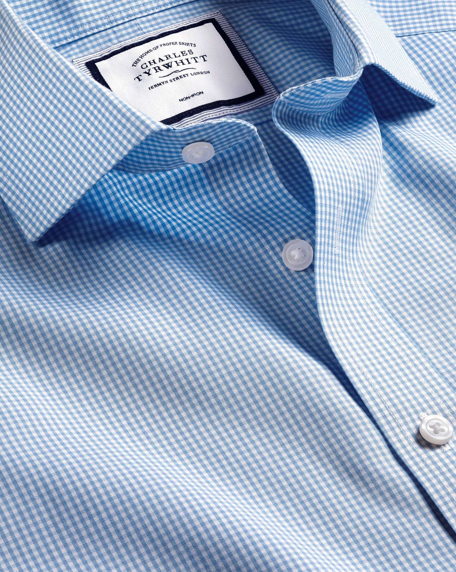 Cutaway Collar Non-Iron Mini Gingham Check Cotton Dress Shirt - Cornflower Blue Single Cuff Size 16/