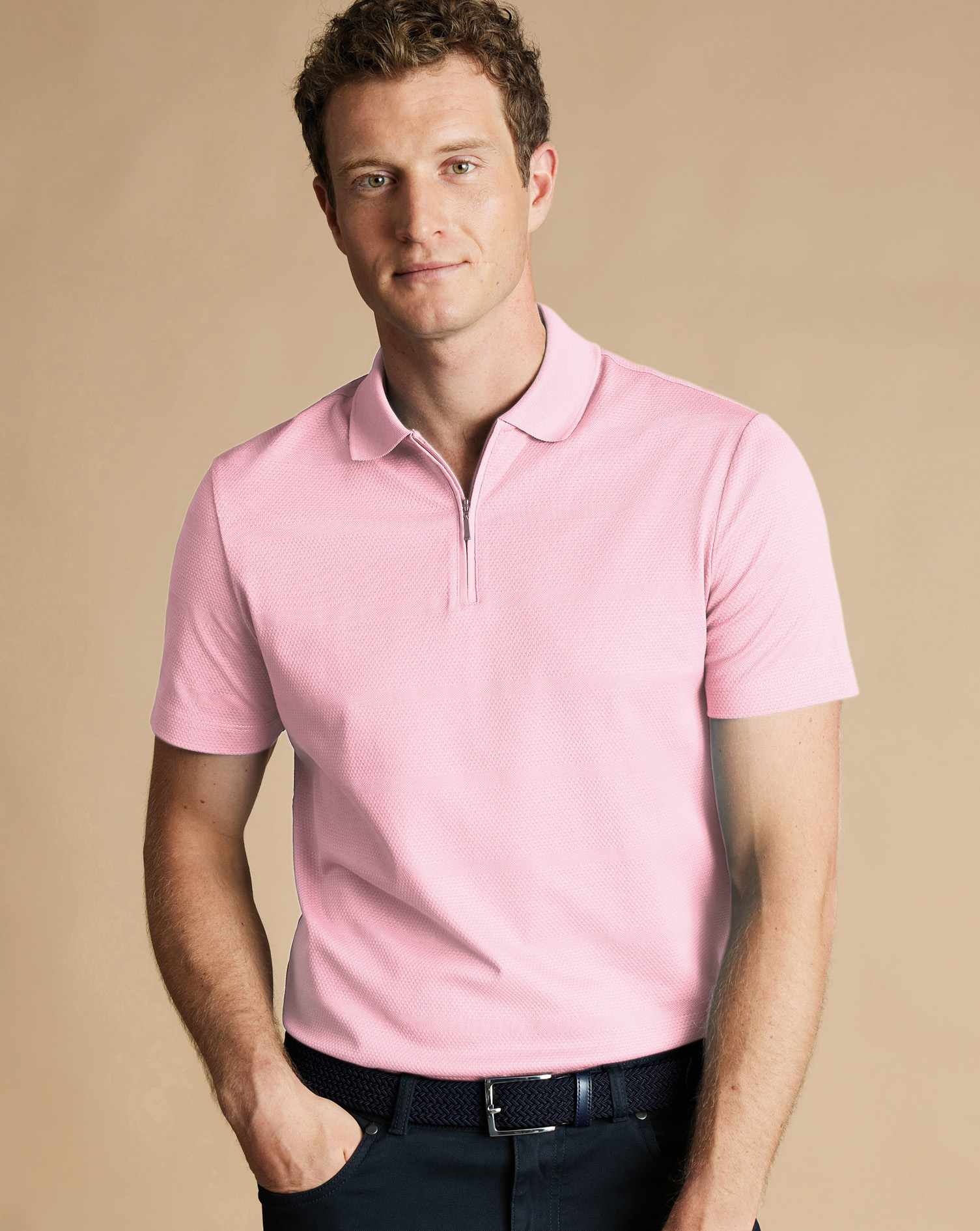 Men's Charles Tyrwhitt Popcorn Textured Tyrwhitt Cool Zip-Neck Stripe Polo Shirt - Pink Size Large C