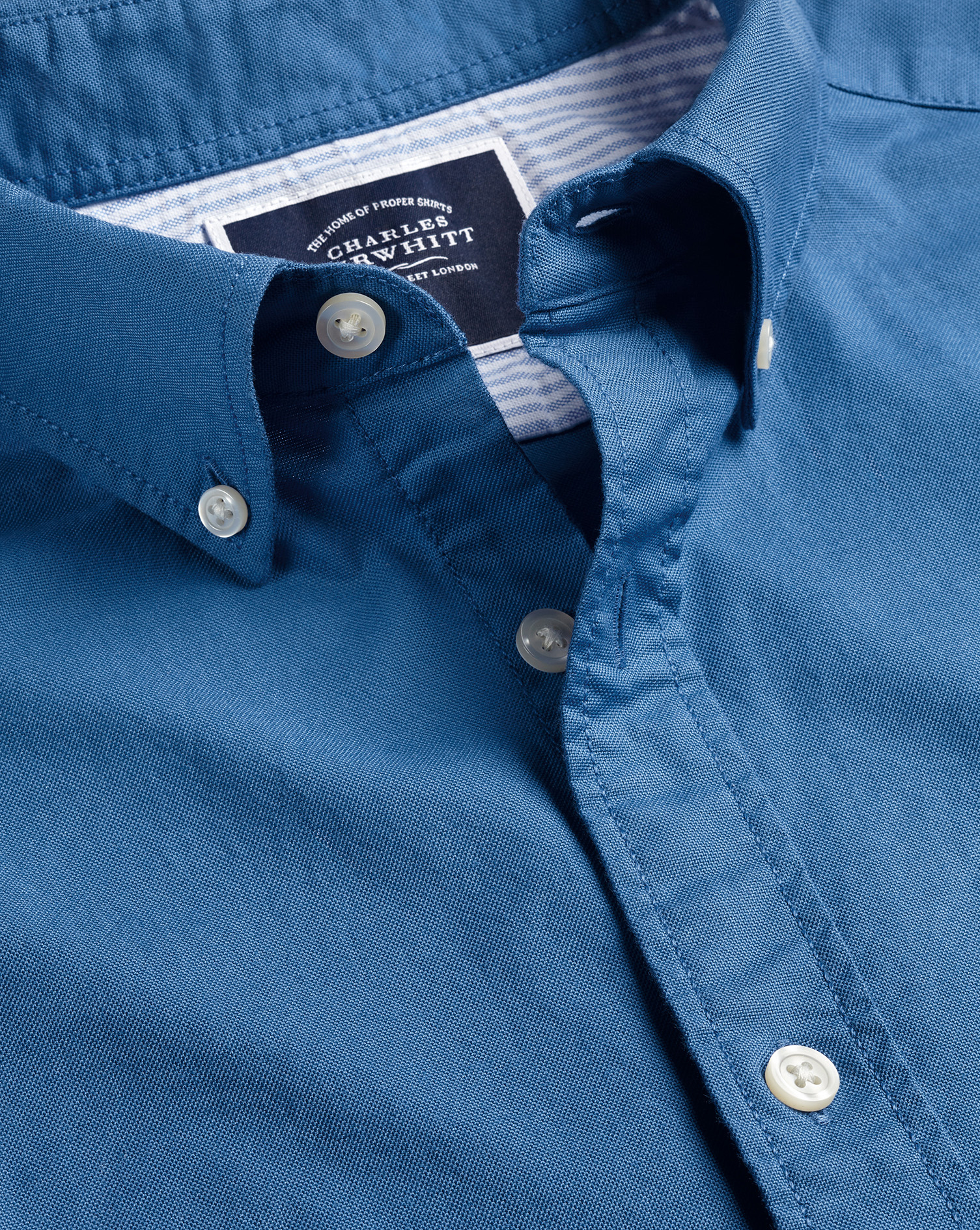 Men's Charles Tyrwhitt Button-Down Collar Washed Oxford Short Sleeve Casual Shirt - Ocean Blue Singl