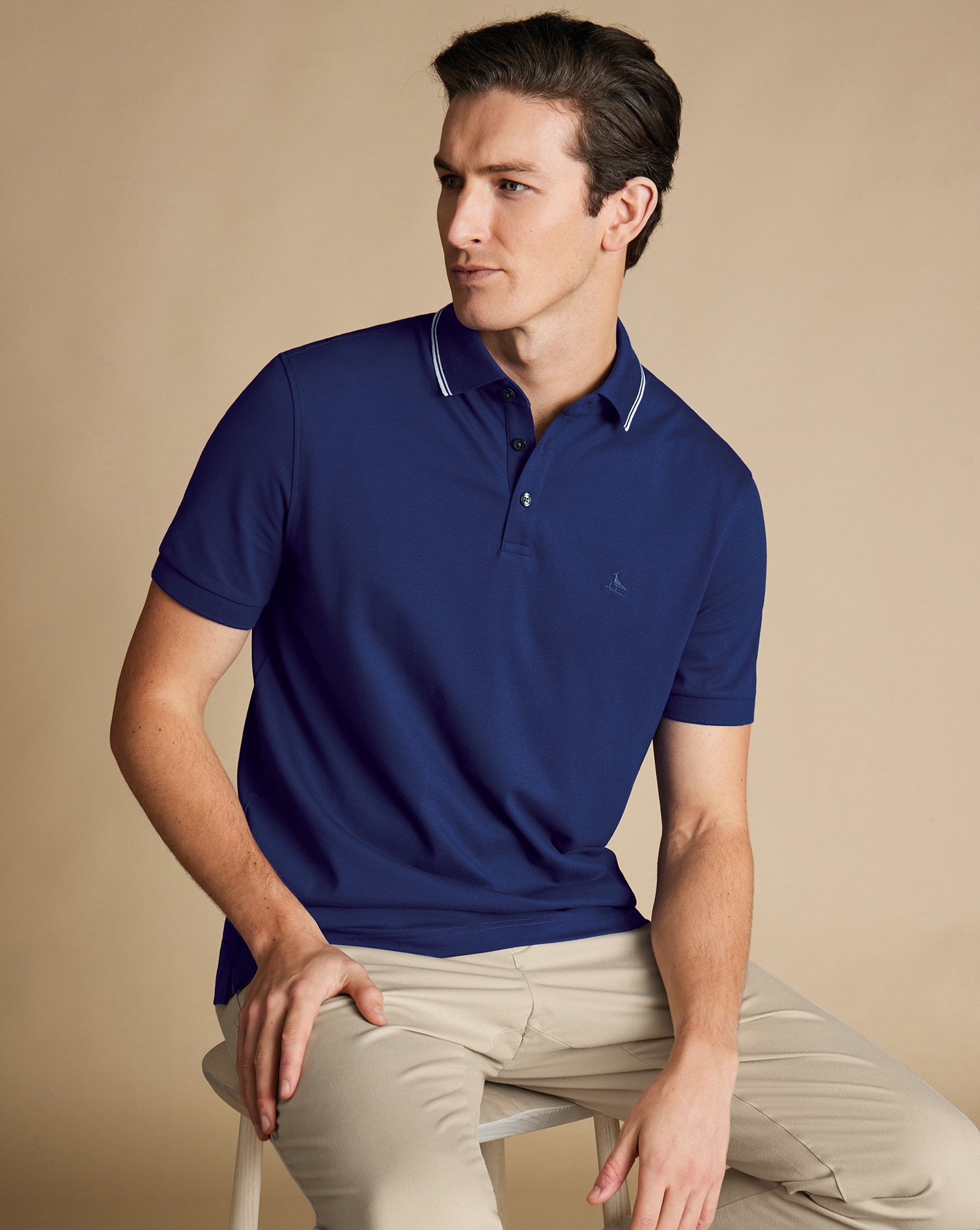 Men's Charles Tyrwhitt Pique Contrast Tipping Polo Shirt - Royal Blue Size XXL Cotton
