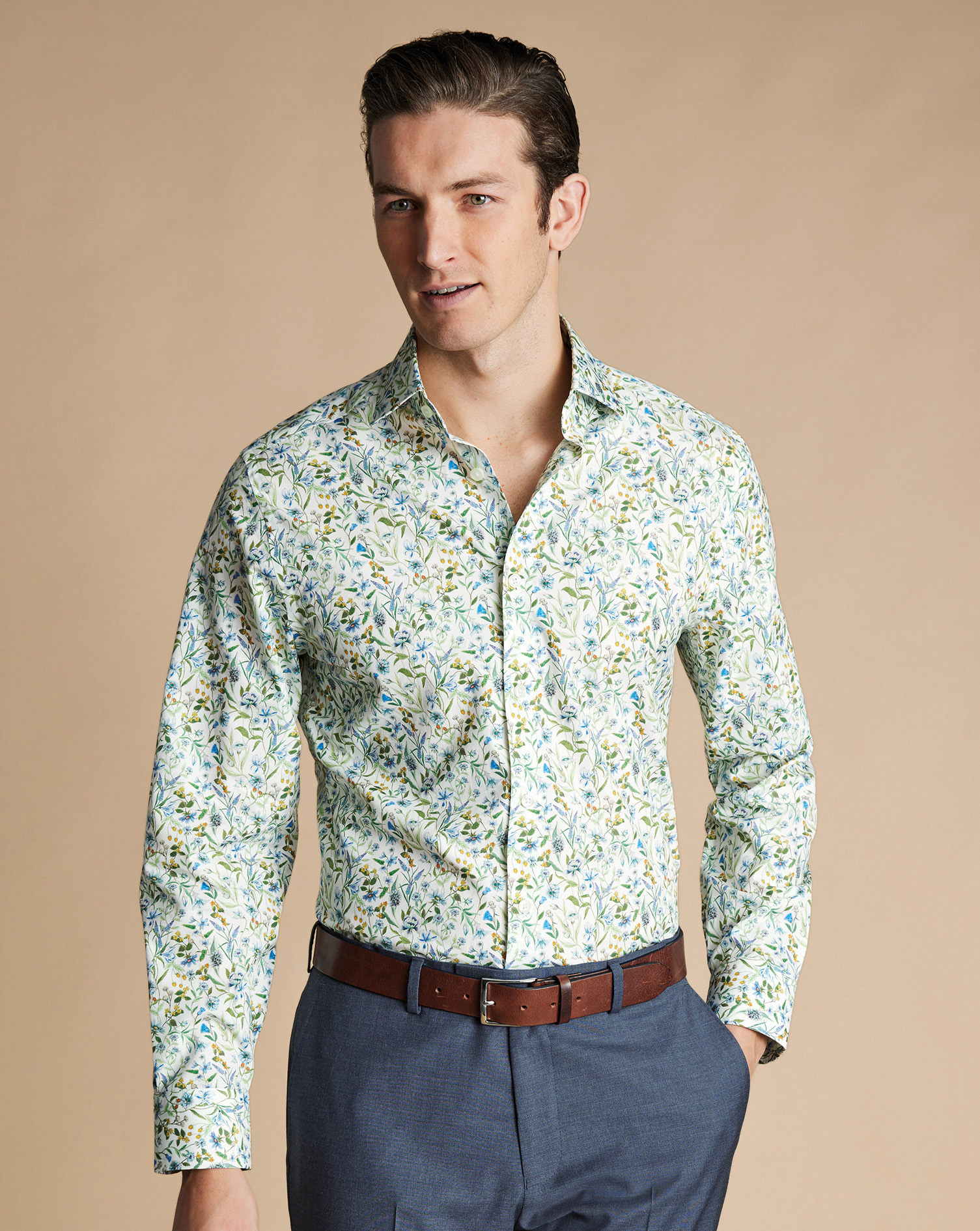 Men's Charles Tyrwhitt Made With Liberty Fabric Semi-Cutaway Collar Floral Print Casual Shirt Size L