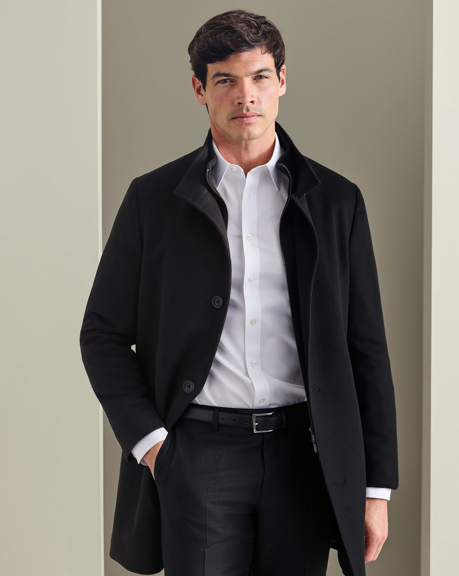 Men's Charles Tyrwhitt Fine Merino Funnel Neck Overna coat - Black Size 46R Wool