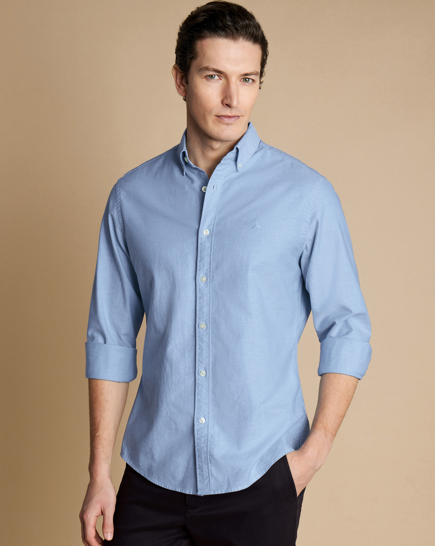 Men's Charles Tyrwhitt Button-Down Collar Stretch Washed Oxford Casual Shirt - Sky Blue Single Cuff 