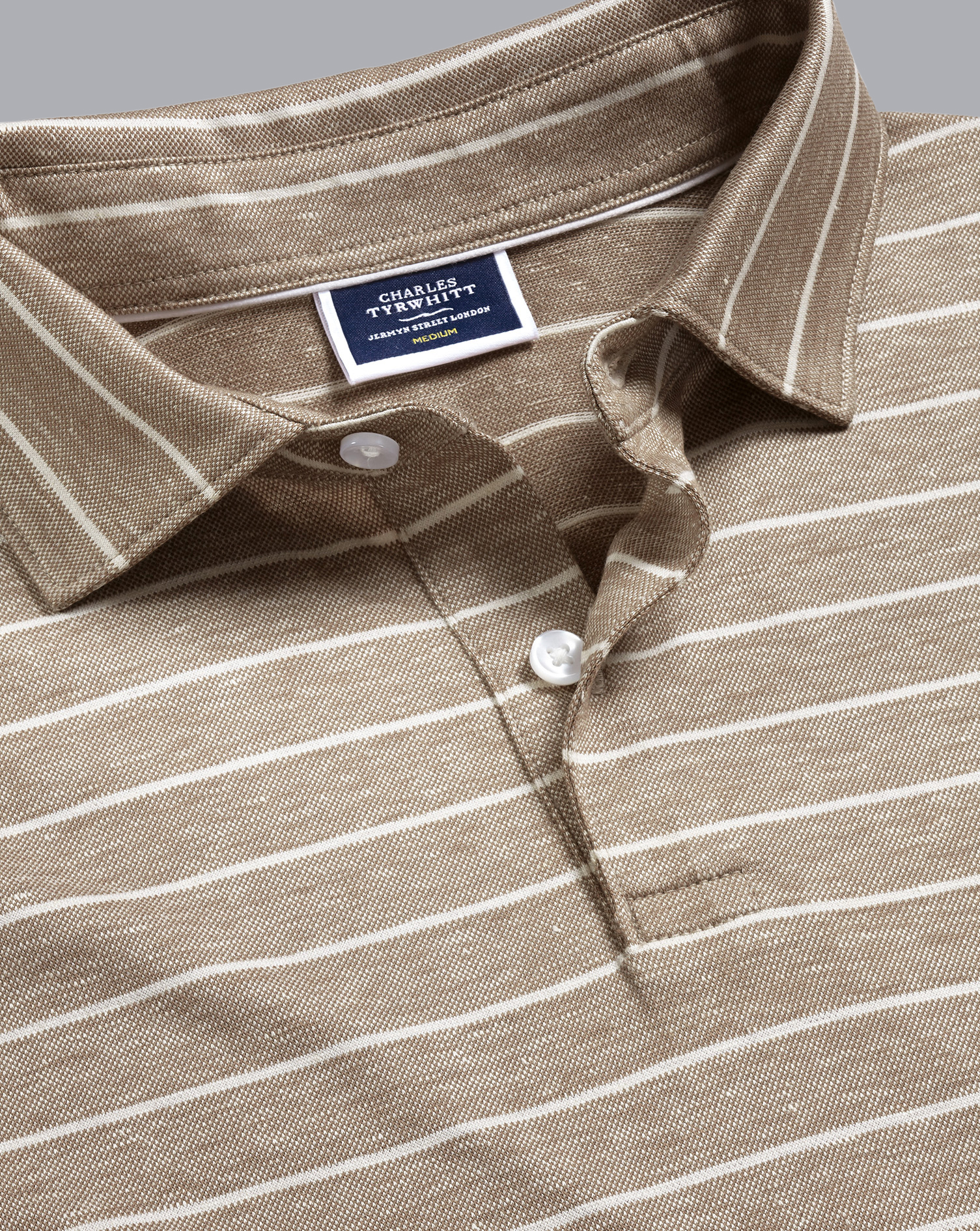 Men's Charles Tyrwhitt Linen Cotton Stripe Polo Shirt - Mocha Brown Size Small Cotton/Linen
