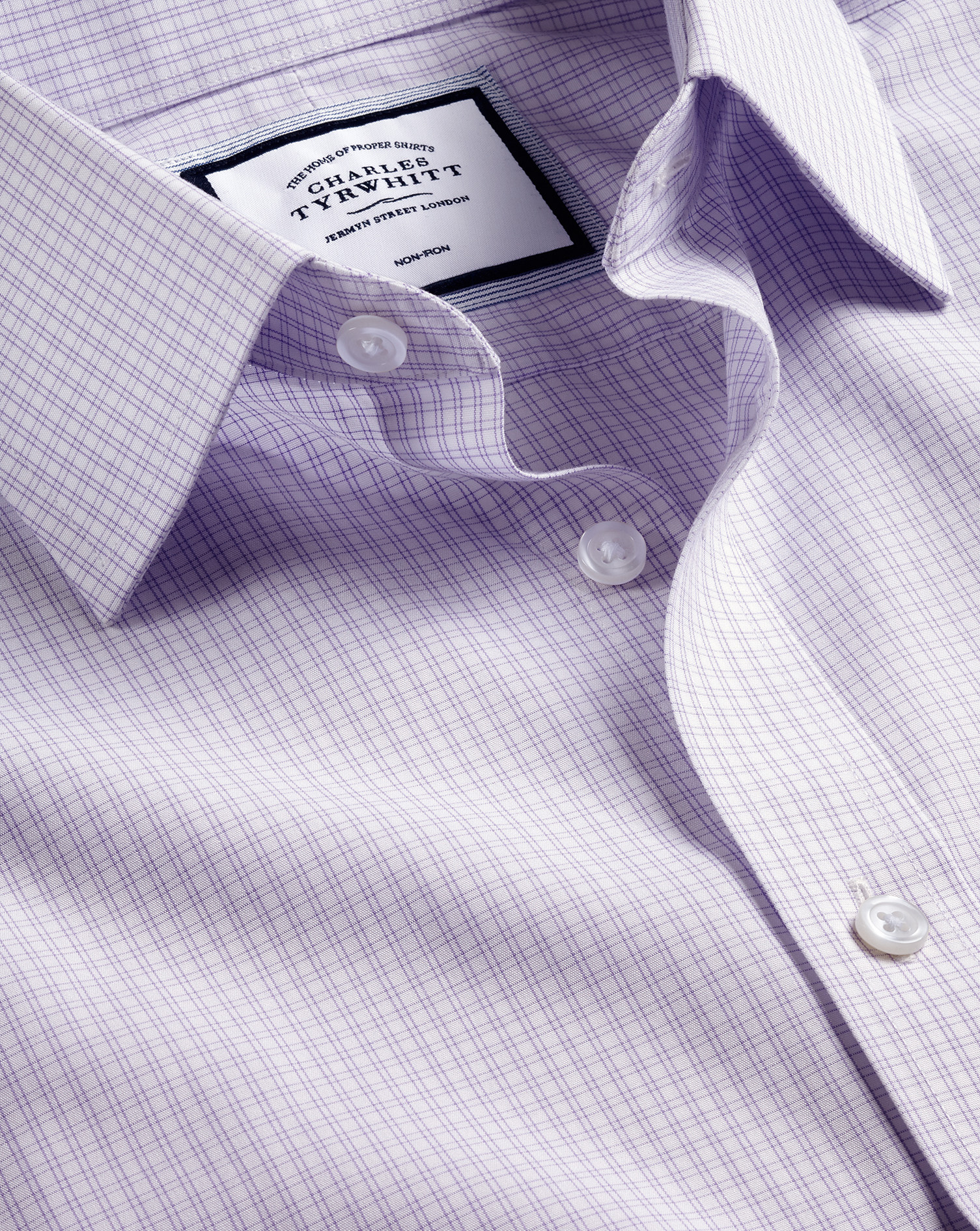 Men's Charles Tyrwhitt Non-Iron Double Check Dress Shirt - Lilac Purple Single Cuff Size 17/34 Cotto