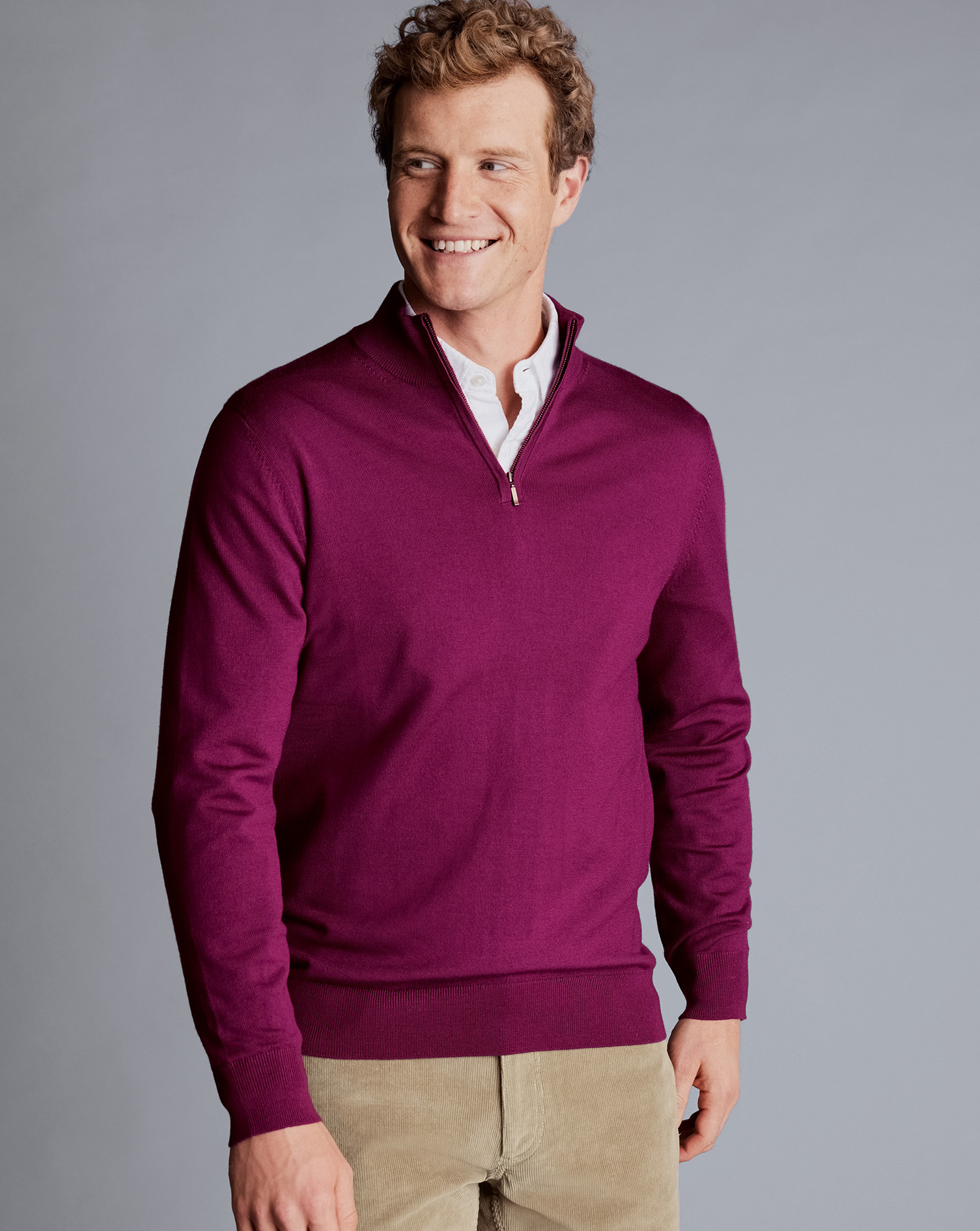 Men's Charles Tyrwhitt Merino Zip Neck Sweater - Dark Pink Size XXXL Wool
