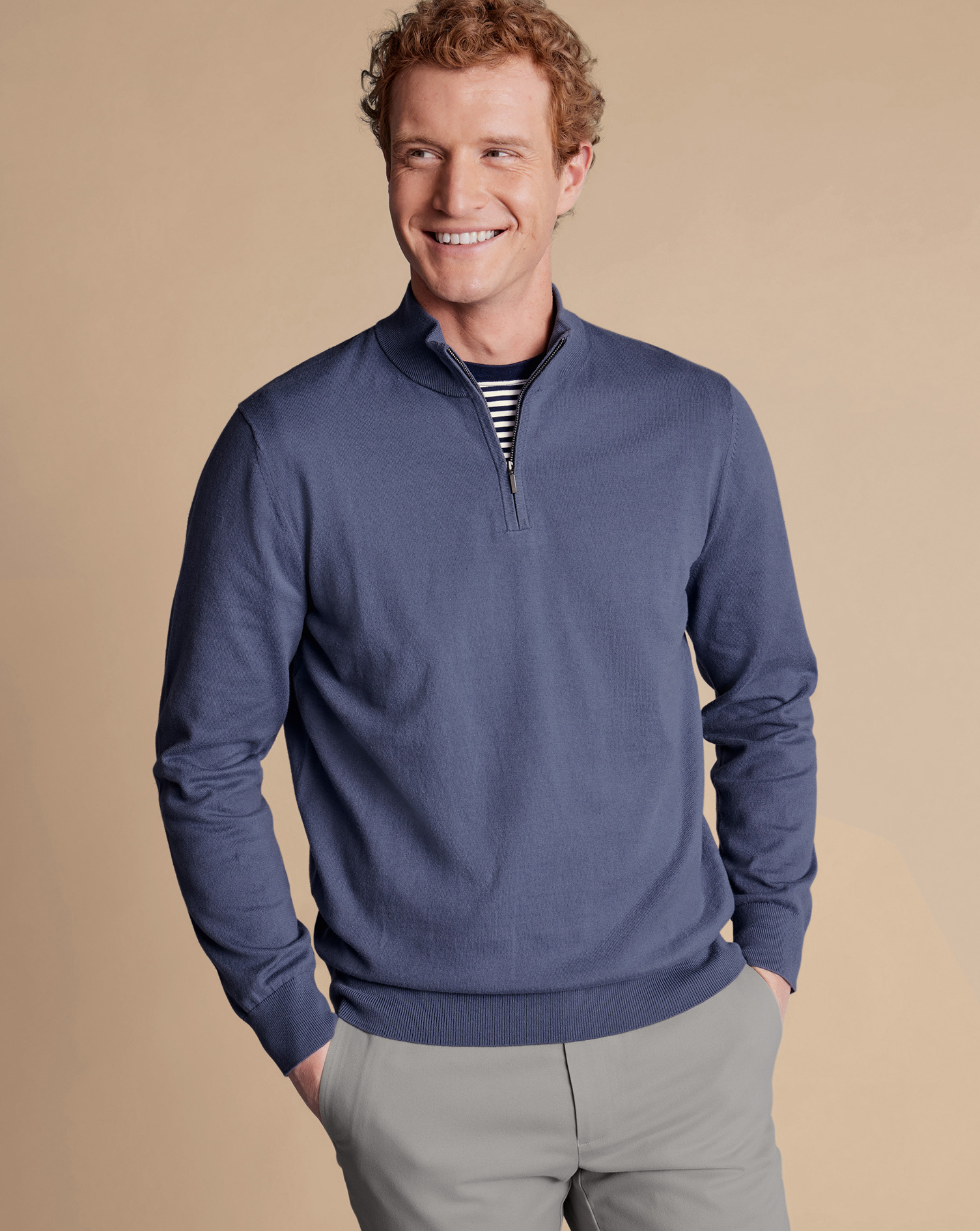 Men's Charles Tyrwhitt Combed Zip Neck Sweater - Heather Blue Size XXL Cotton
