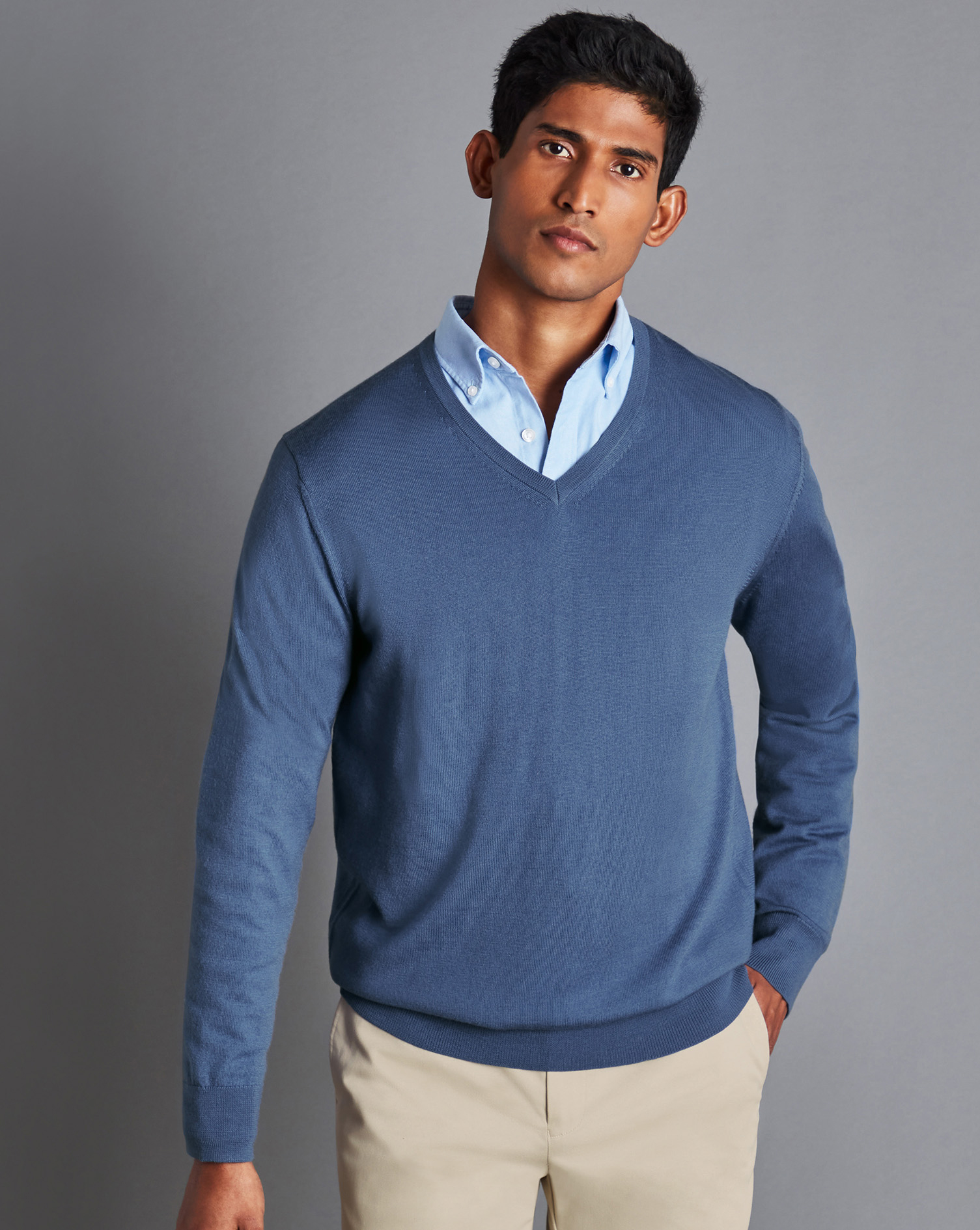 Men's Charles Tyrwhitt Merino V-Neck Sweater - Steel Blue Size Large Wool
