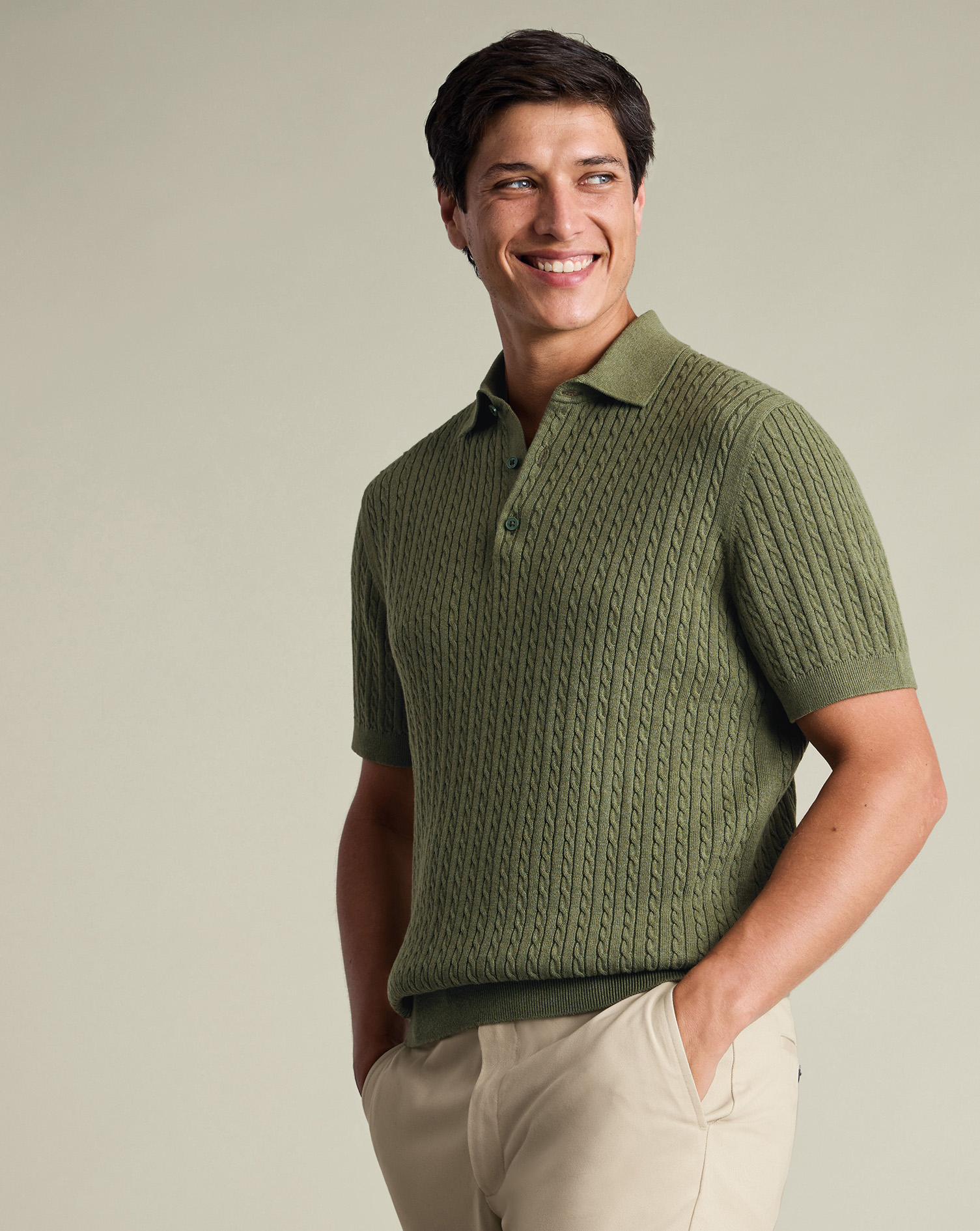 Cotton Cable Knitted Polo – Sage Green | Charles Tyrwhitt US