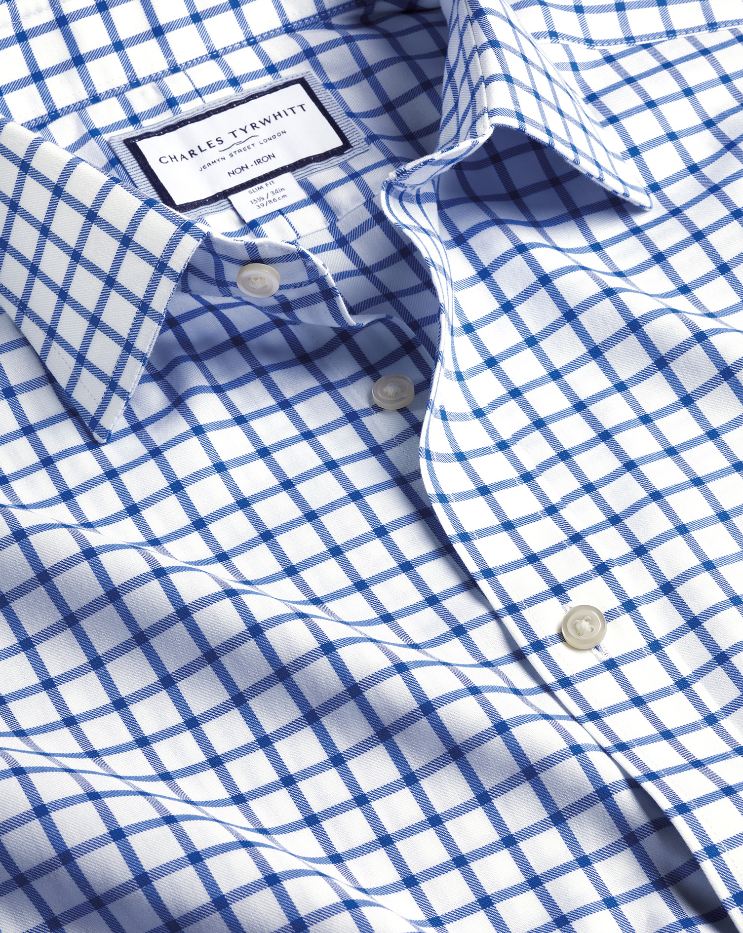 Men's Charles Tyrwhitt Non-Iron Twill Grid Check Dress Shirt - Cobalt Blue Single Cuff Size Large Co