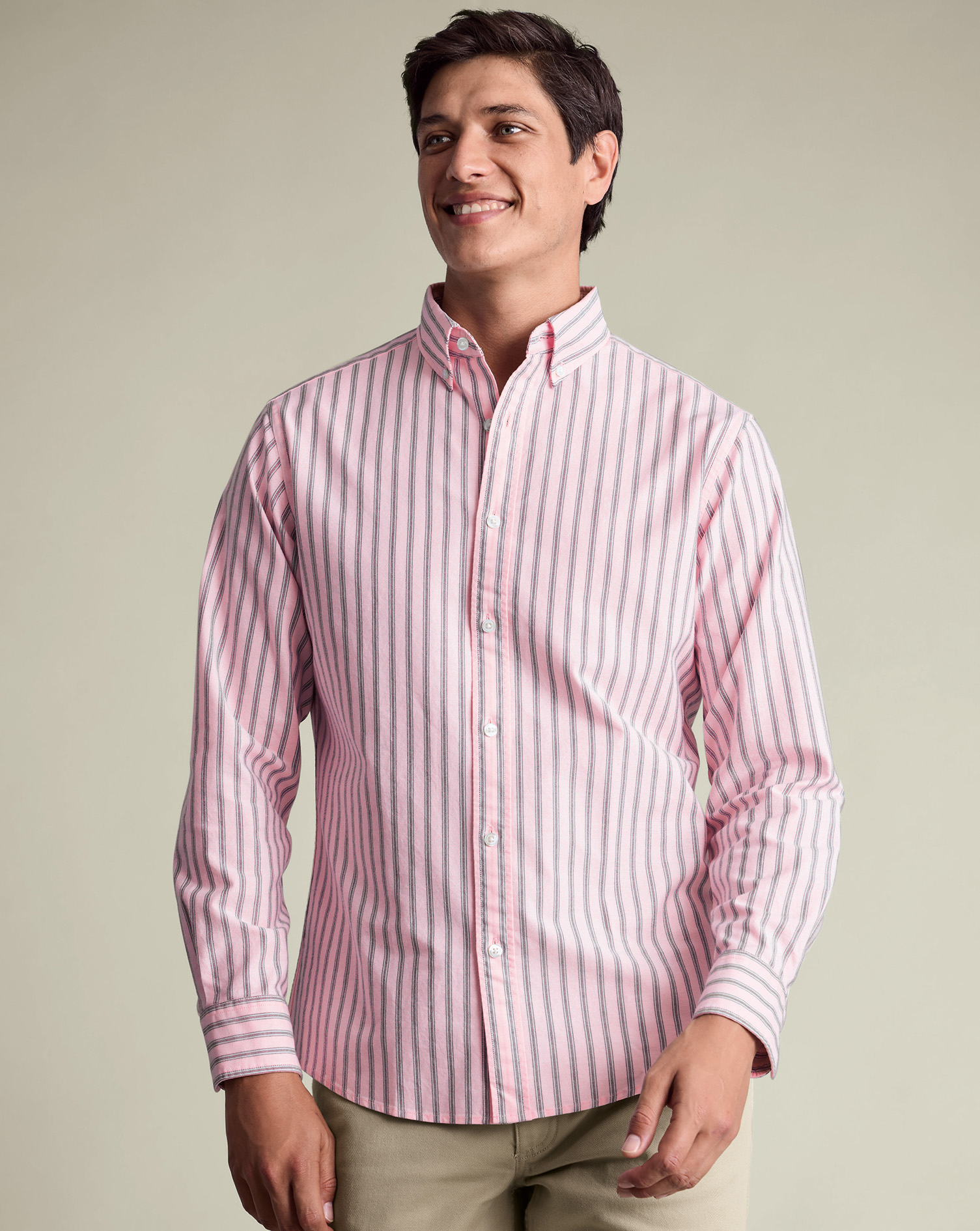 Button-Down Stretch Washed Oxford Stripe Shirt – Light Pink