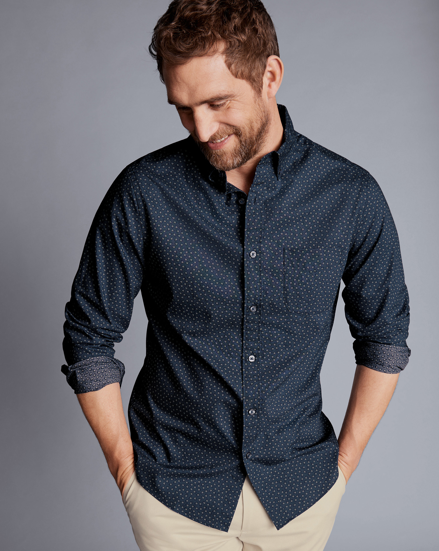 Men's Charles Tyrwhitt Button-Down Collar Non-Iron Midi Floral Print Casual Shirt - Petrol Blue Size