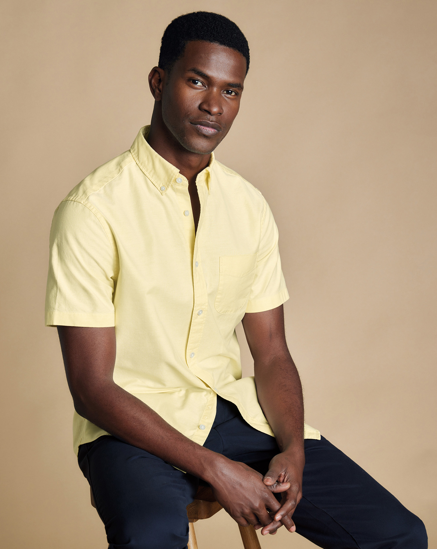 Men's Charles Tyrwhitt Button-Down Collar Stretch Washed Oxford Short Sleeve Casual Shirt - Lemon Ye