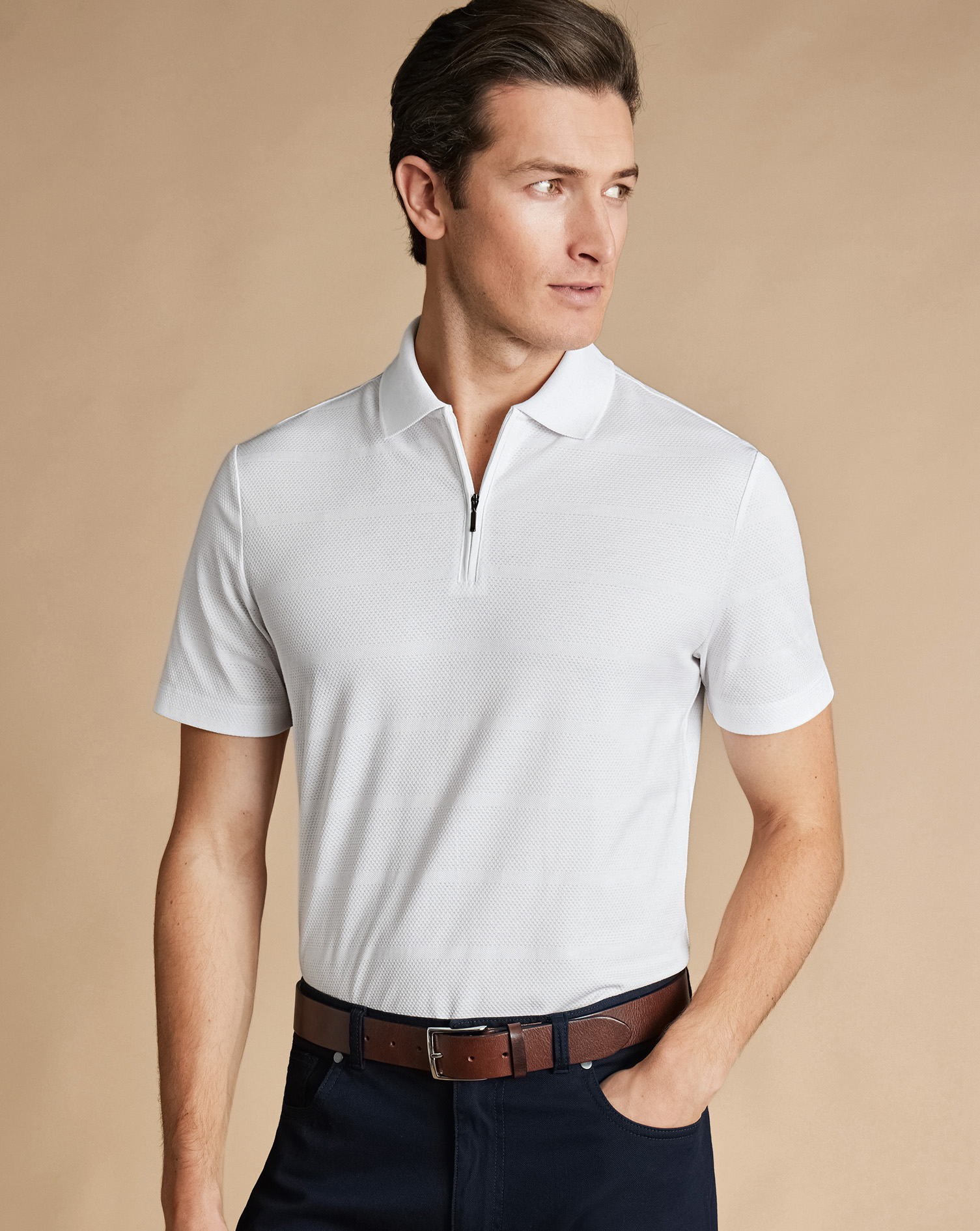Men's Charles Tyrwhitt Popcorn Textured Tyrwhitt Cool Zip-Neck Stripe Polo Shirt - White Size Large 